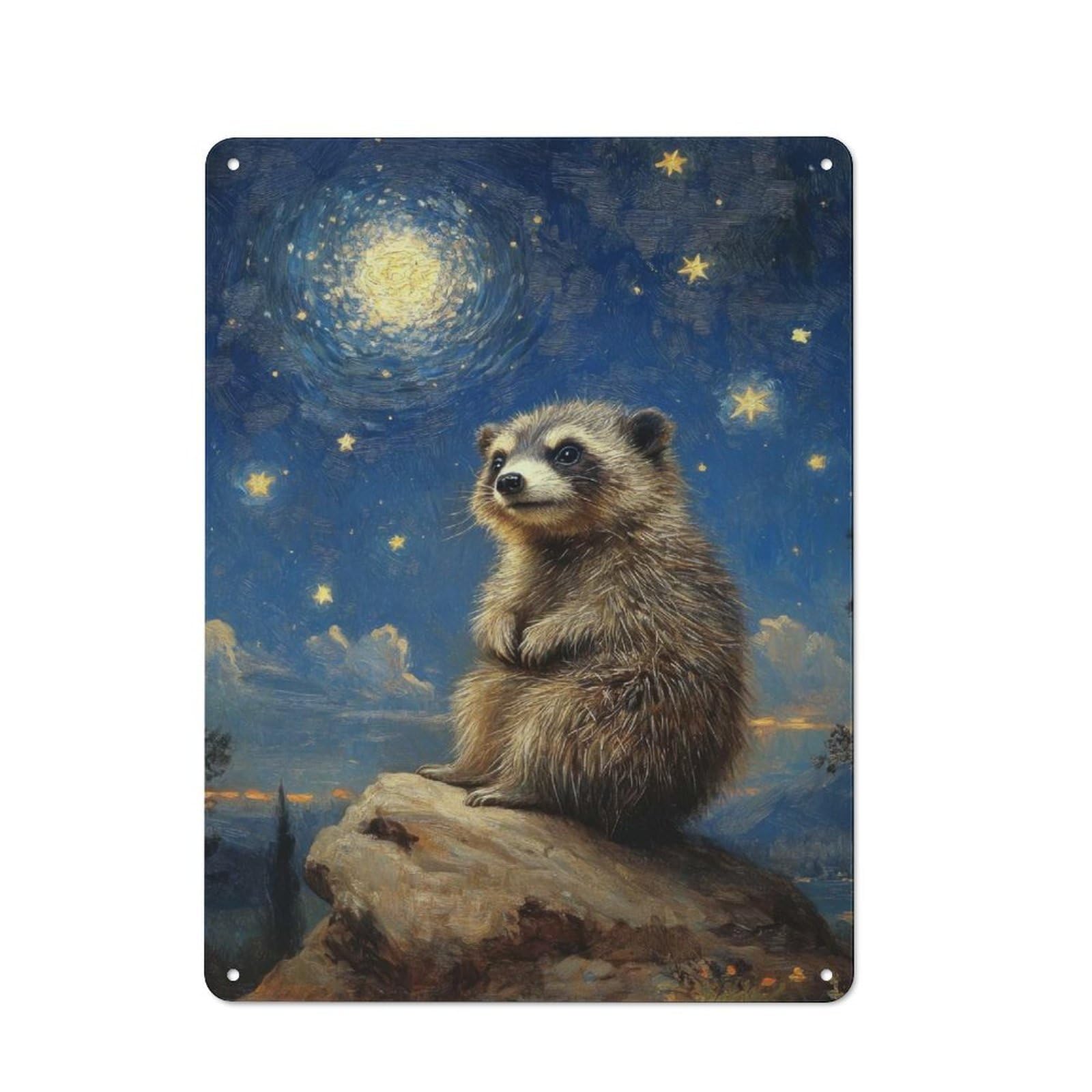 Junmoney Style-23 Loft Style Metal Wall Art Sign 40X30cm Featuring Raccoon Under Starry Sky, Urban Room Decor For Loft, Studio, Office Or Creative Room