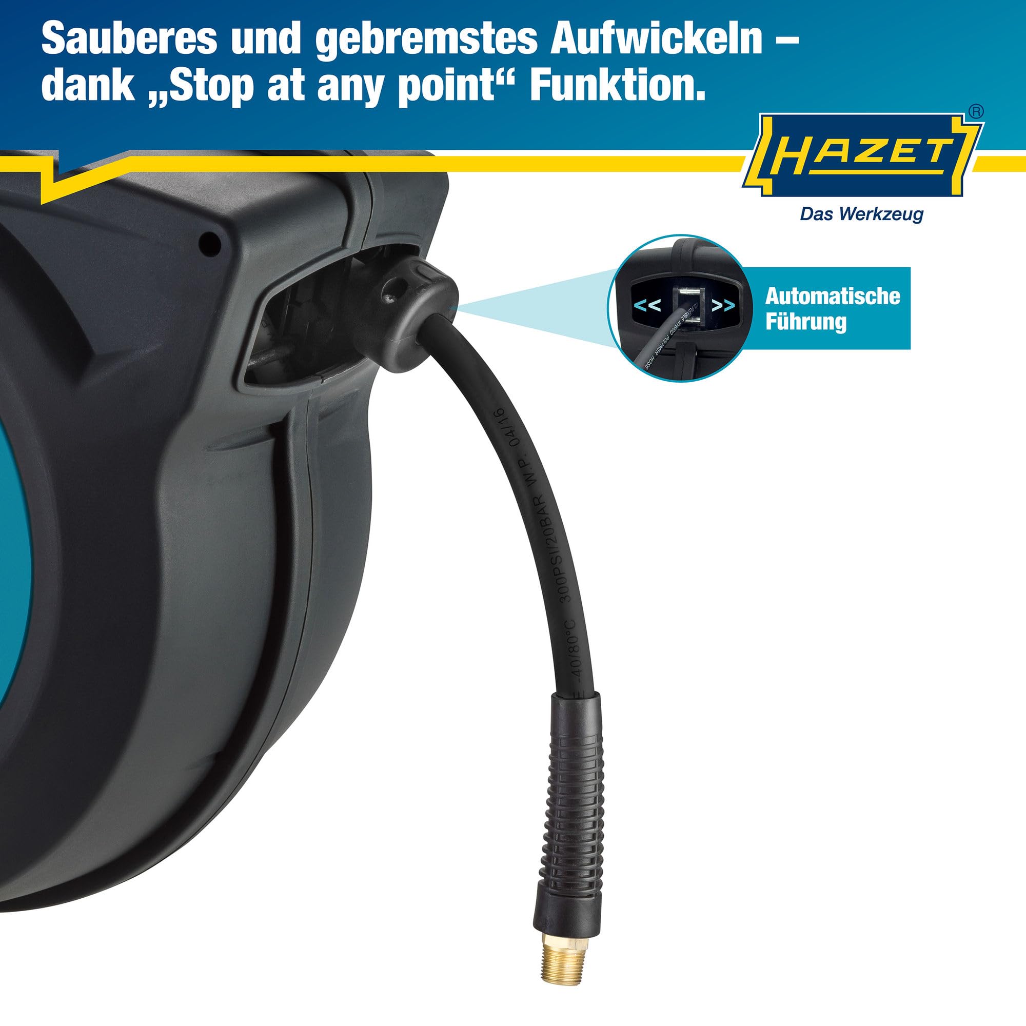 HAZET Schlauch-Aufroller 9040N-10 I Schlauchlänge: 15 m, Schlauchinnendurchmesser: 10 mm, max. Druck: 20 bar für Druckluft und Wasser I Schlauchtrommel für sauberes Aufwickeln von Schläuchen