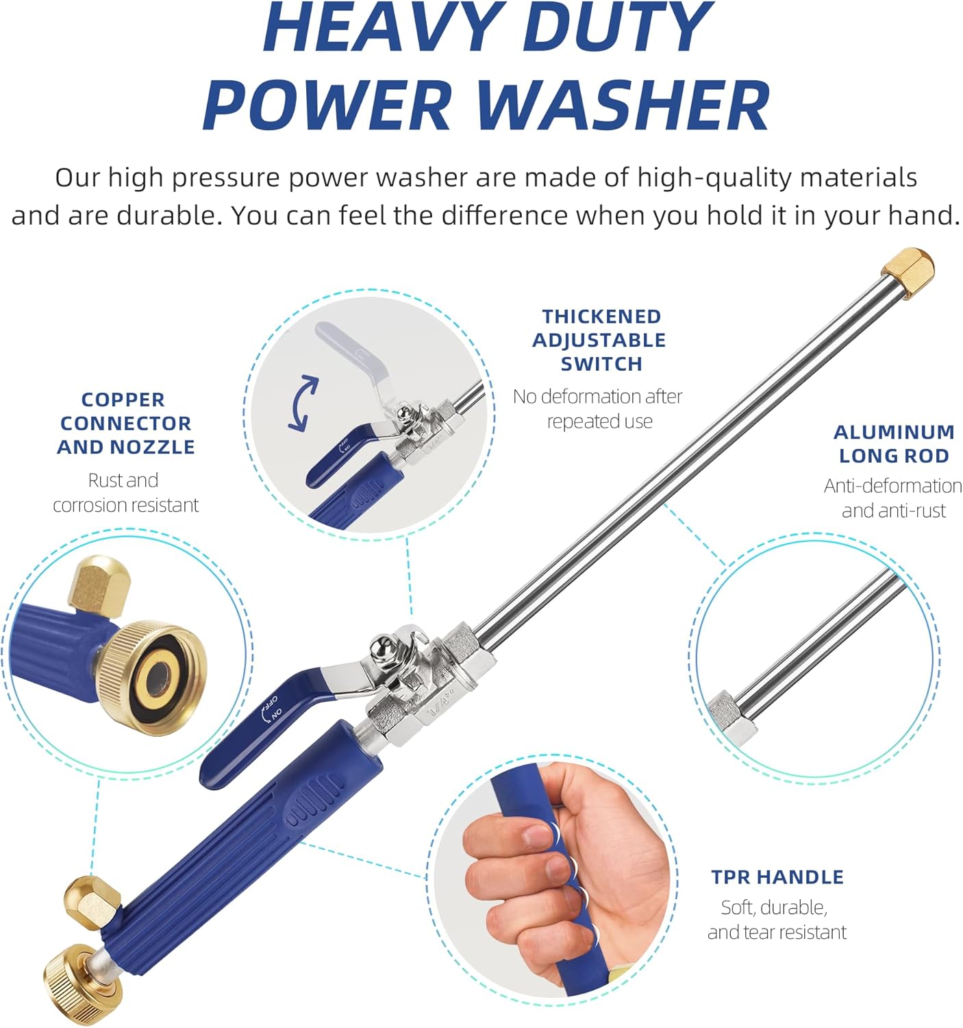 Jet Nozzle High Pressure Hose Nozzle for Garden Hose，Hydro Jet Nozzle Power Washer Wand for Garden Hose with 2 Different Nozzles and Quick Connectors for Car, Patio, Window Washing, Blue