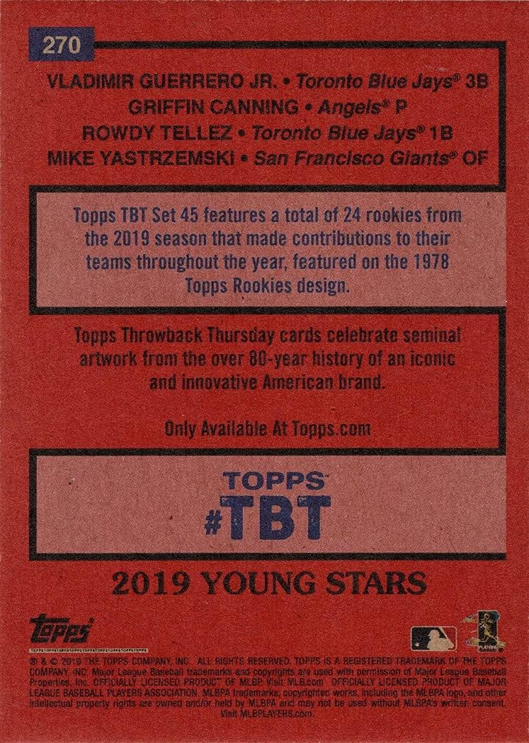 2019 Topps Throwback Thursday (TBT) Baseball #270 Vladimir Guerrero Jr. / Griffin Canning/Rowdy Tellez/Mike Yastrzemski Rookie Card - Only 1,296 made!