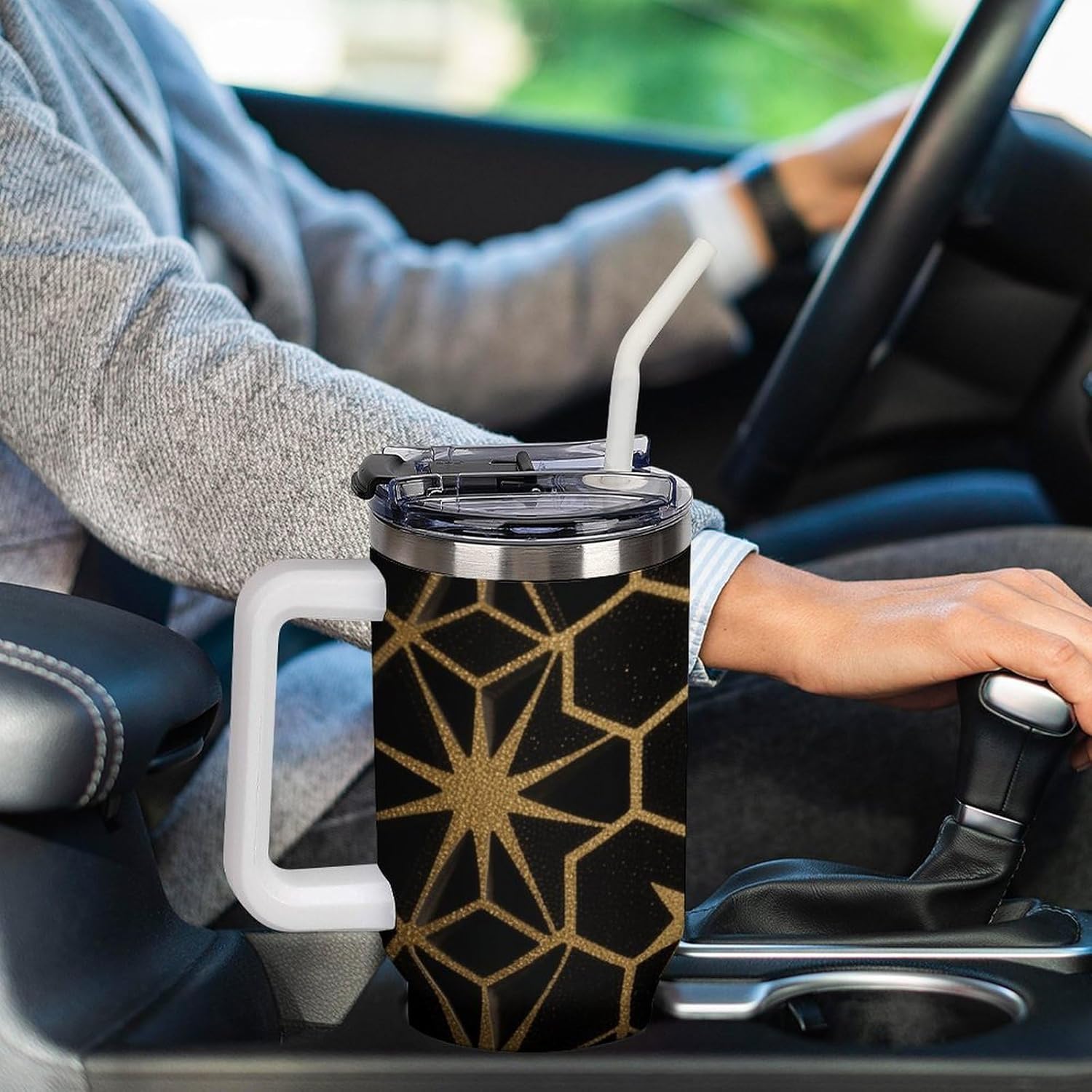 40 Oz Insulated Mug with Handle Lid And Straw Light And Shadow Hexagons Pattern Large Metal Sports Bottle Great for Gifts Parties Office Coffee