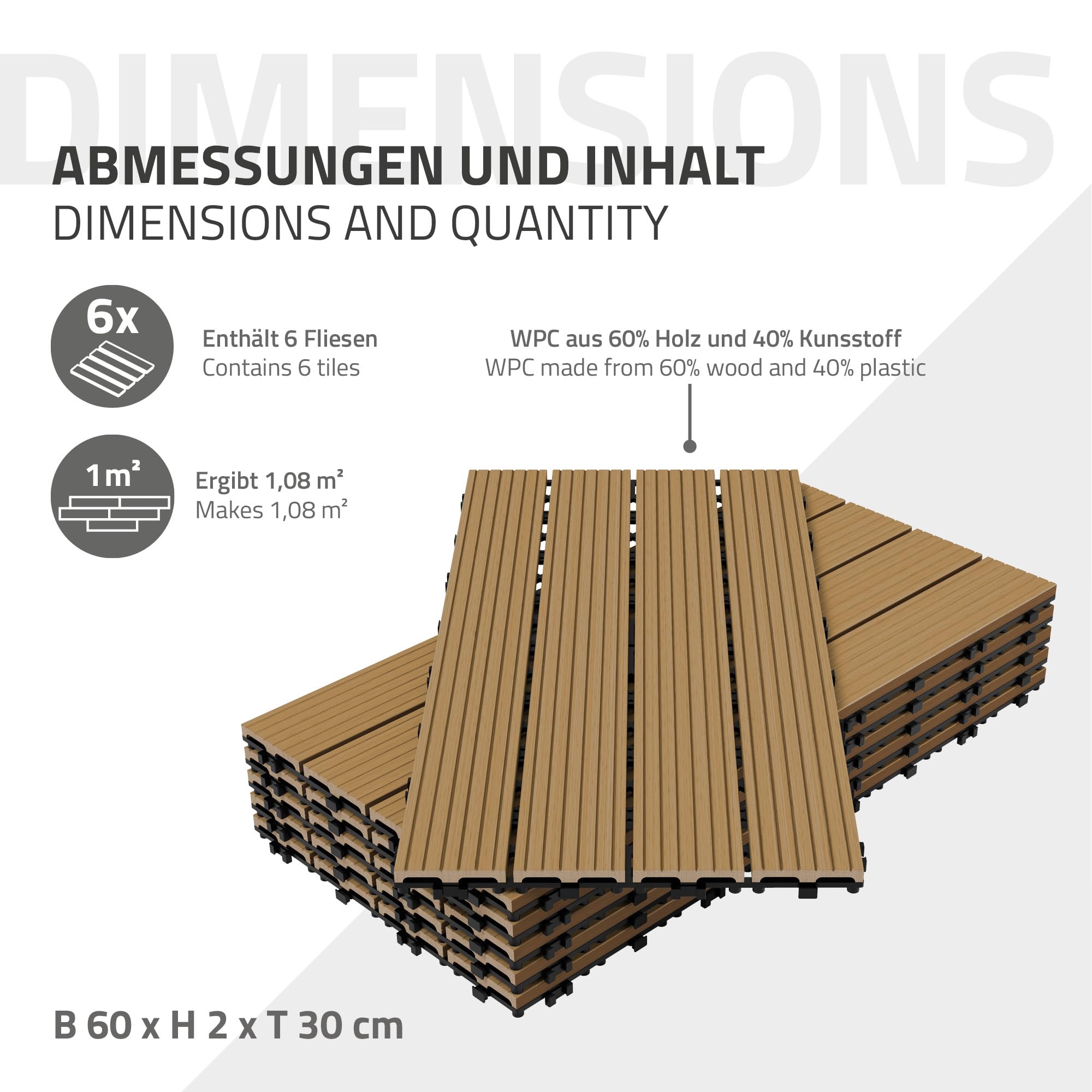 ECD Germany Piastrelle per Pavimenti da Esterno Piastrelle per Terrazze in WPC 60x30 cm Set di 6 Pezzi 1 m² Colore Teak con Aspetto Legno Piastrelle da Giardino con Drenaggio e Sistema Plug-in