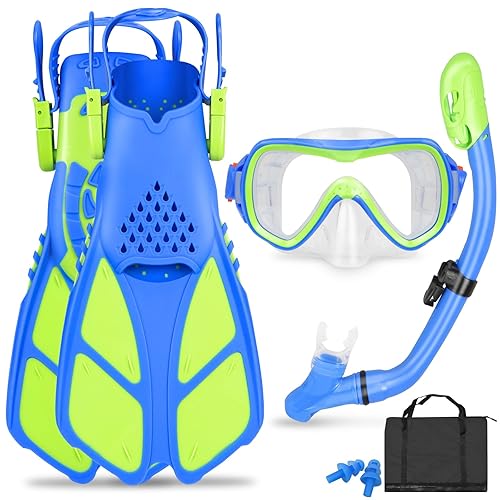 Kids Snorkel Set Mask Fins-Panoramic Snorkel Mask+Dry Top Snorkel+Adjustable Swim