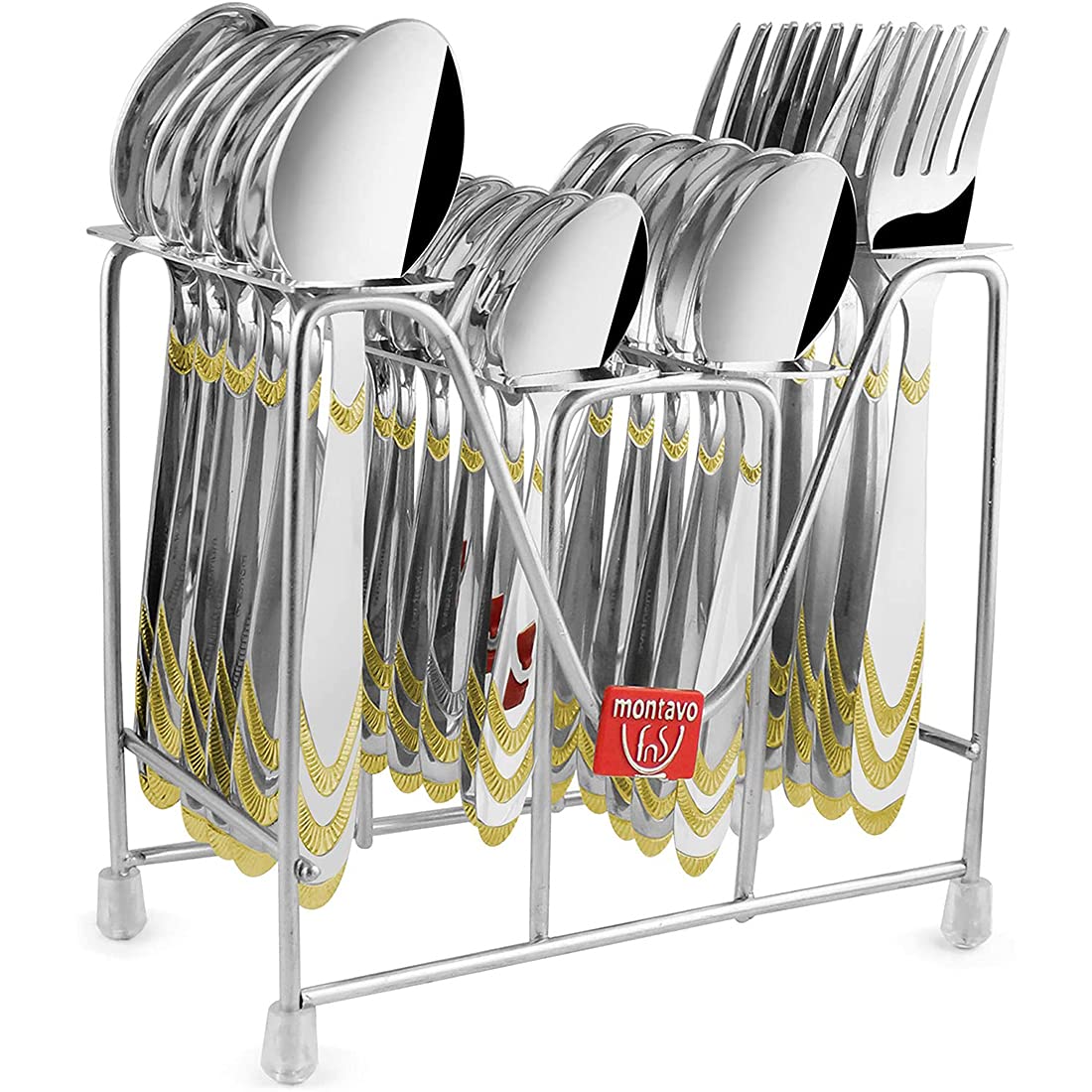 Montavo by FNS Magna 24 Karat Gold Plated Cutlery Set of 24 pcs with Hanging Stand (6 Dinner Spoon, 6 Dinner Fork, 6 Teaspoons, 6 Baby Spoons & 1 Stand)