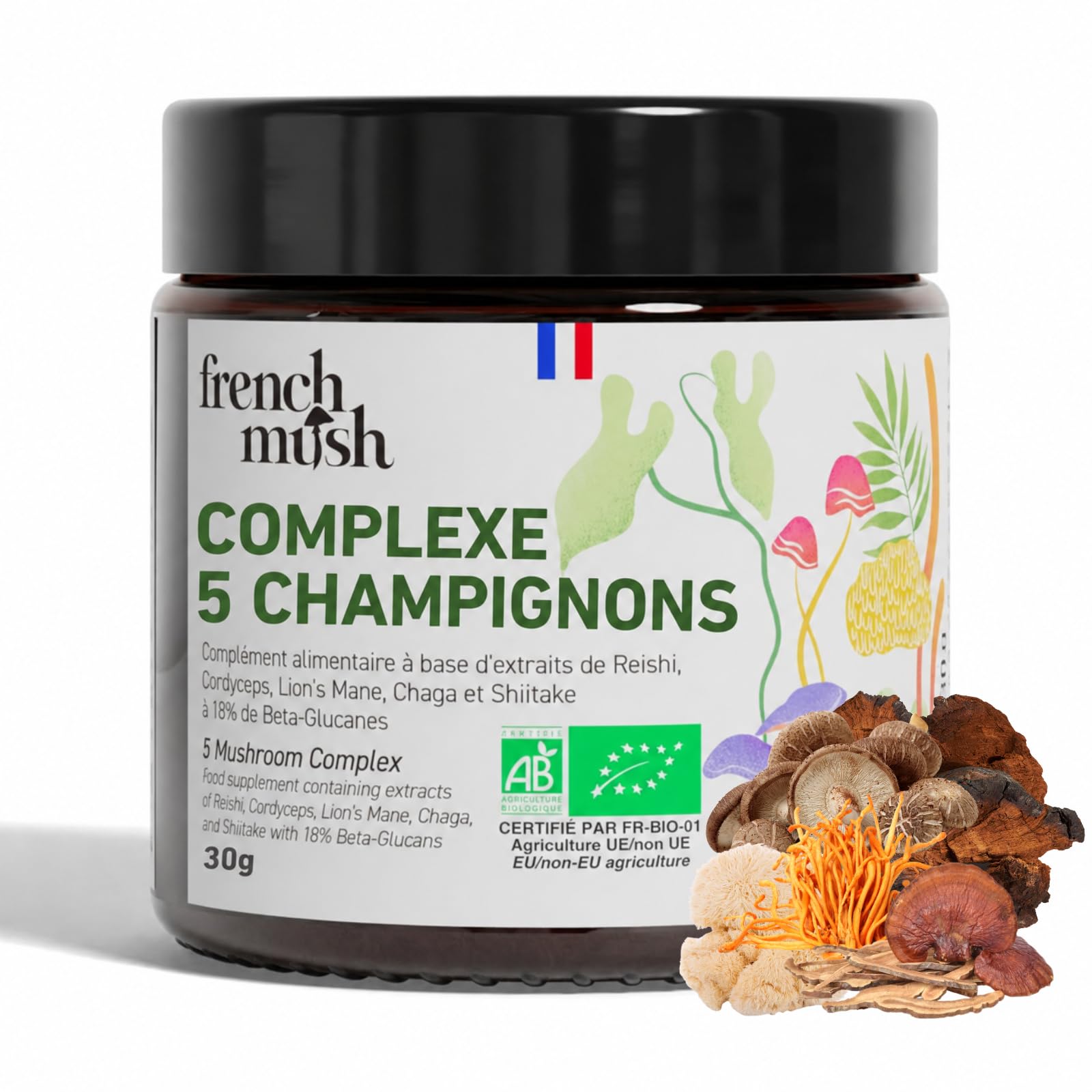 Complexe 5 Champignons Bio en Poudre Vegan - Lion's Mane, Reishi, Cordyceps, Shiitake, Chaga - Digestion, Bien-Être - 1 Gramme Par Jour - Testé en Laboratoire - Fabriqué en France