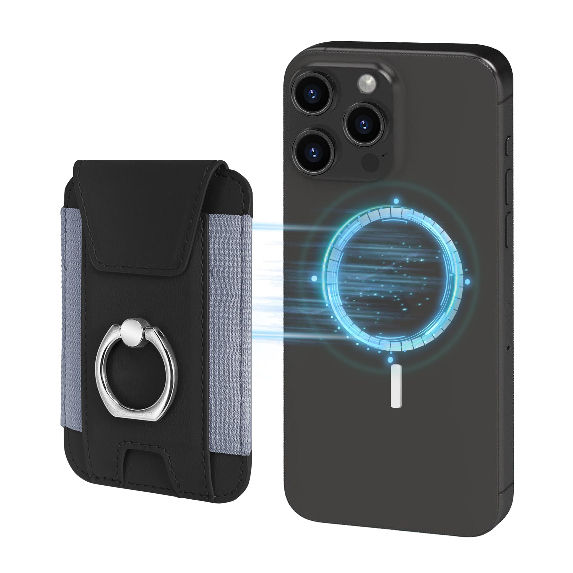 FS FANSONG Mag-Safe Wallet Stand with Ring Holder for iPhone 15/14/13/12 Series PU Leather Wallet Fit 5-8 Cards Slim Wallet Case 3 in 1 Detachable Back Cards Holder Navy Blue