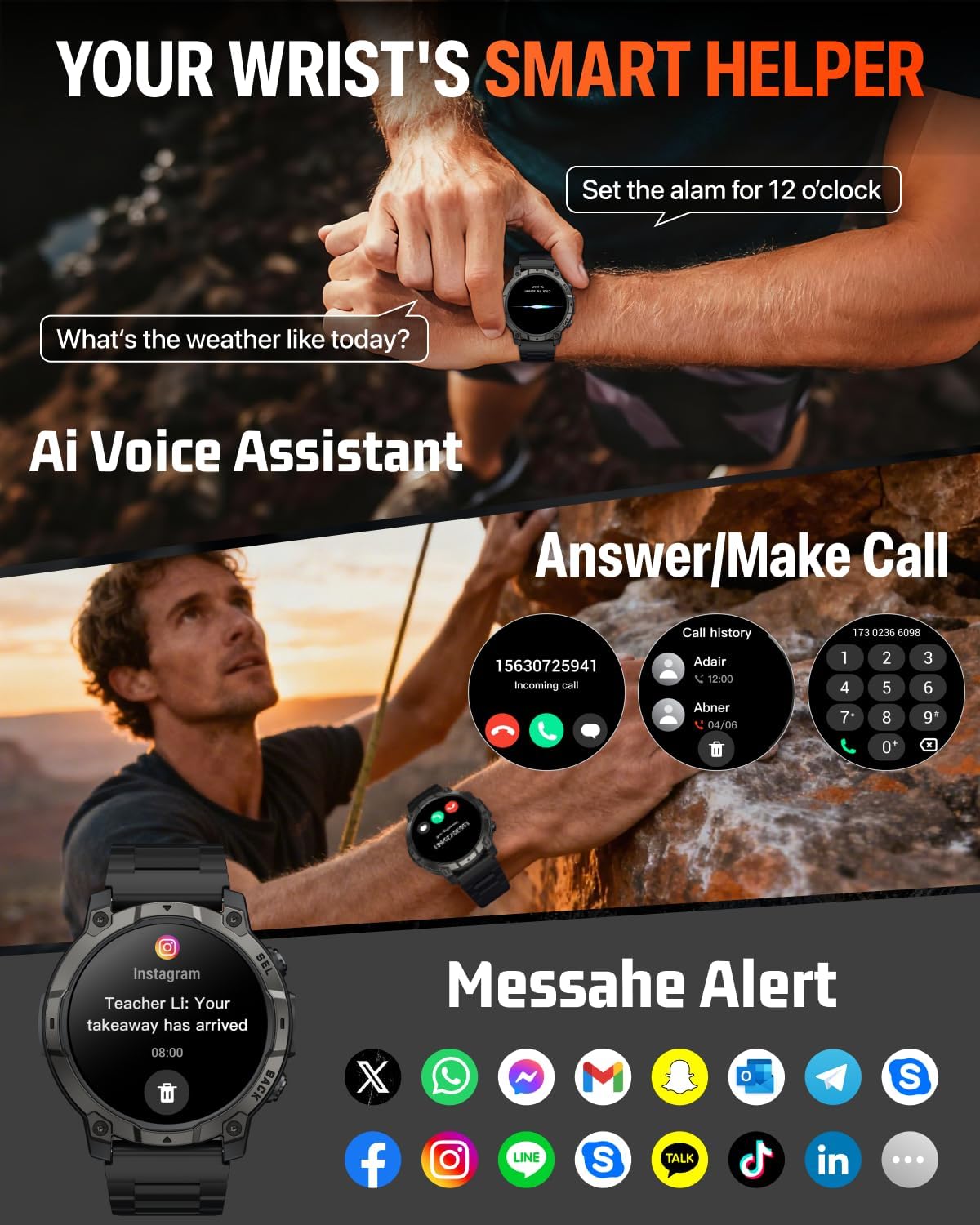 Smart Watch for Men Fitness Tracker: Military Make Answer Call LED Digital Mens Watches Waterproof Smartwatch Android Phone iPhone Samsung Compatible Sleep SpO2 Heart Rate Monitor Step Pedometer - Image 2