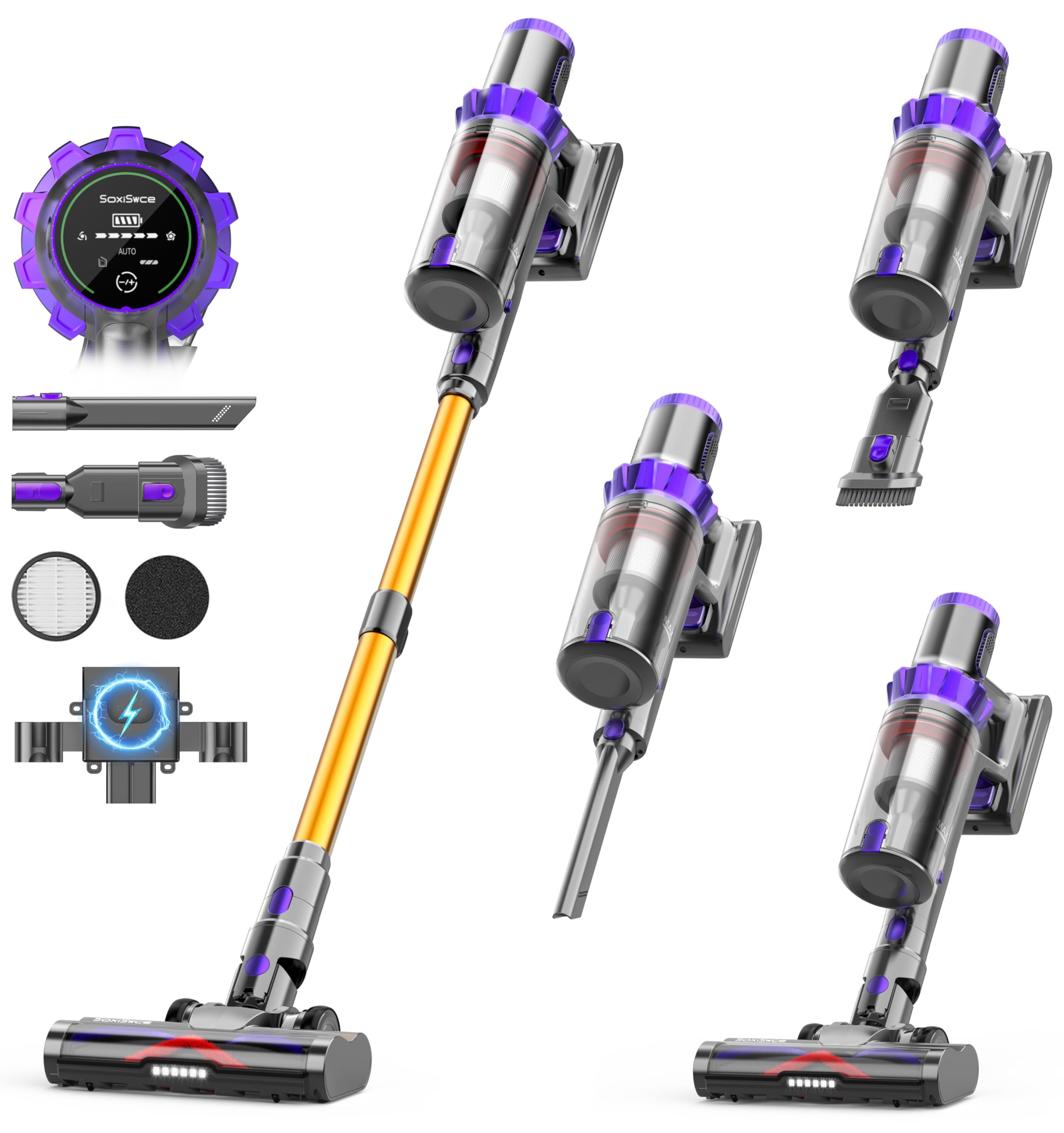 Aspiradora inalámbrica de 580 W, 48 kPa, 65 minutos de autonomía, aspiradora de mano independiente para el hogar, con base de carga, batería extraíble, para alfombras, pelo de mascotas, suelos de madera.