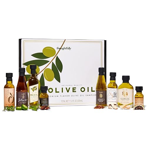 Thoughtfully Gourmet, juego de 8 muestras de aceite de oliva, aceite de oliva virgen extra premium de España, sabores naturales incluyen ajo, chile,