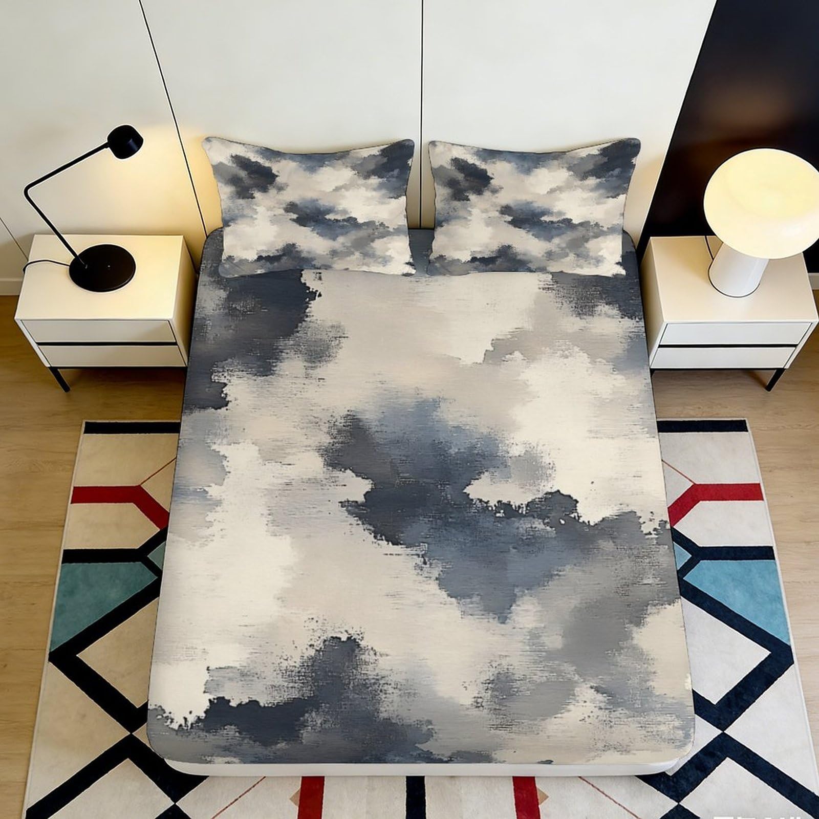3D Printed Cloud Watercolor Fitted Sheet Microfiber Soft Breathable Abstract Ink Mattress Cover Bedroom Decor 180x200x25cm