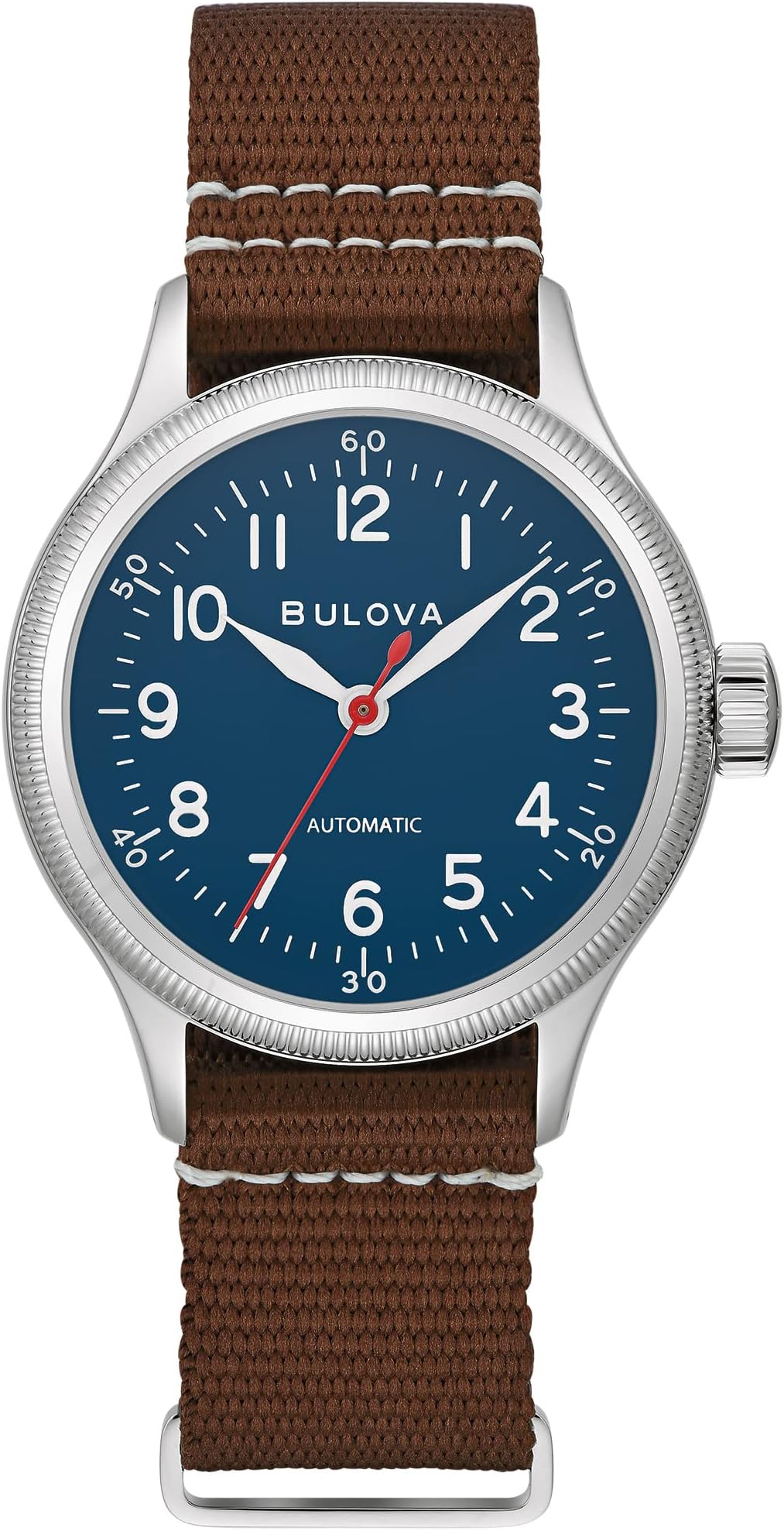 Men's Military A11 Stainless Steel 3-Hand Hack Automatic Watch, Brown Leather Strap and Blue Dial Style: 96A282, Silver, Automatic Watch