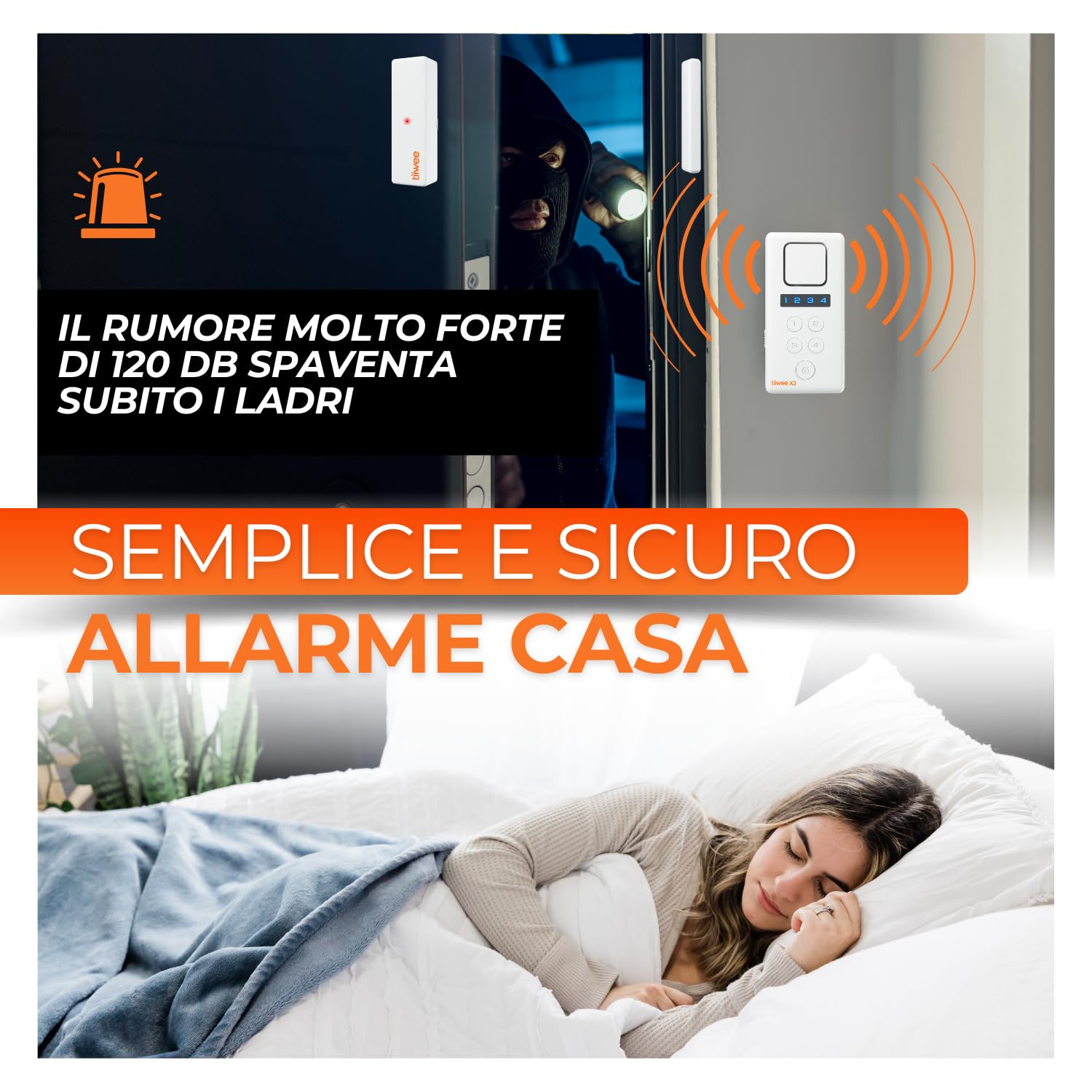 tiiwee X3-XL Allarme per la Casa - Sirena forte da 120 dB, 4 Sensori per Porte e Finestre - Nessun Telecomando Richiesto