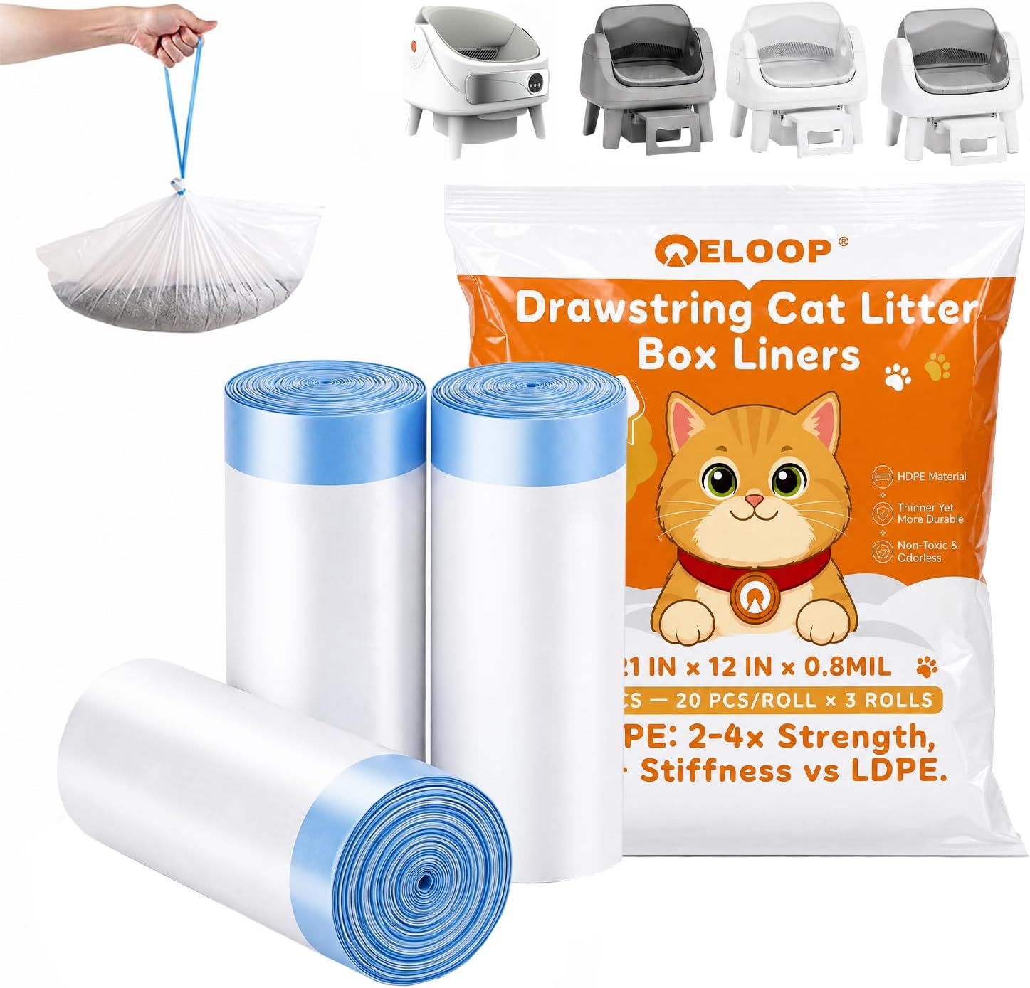 Amazon.com : ELOOP Automatic Cat Litter Box Bags with Drawstring, 60 ...