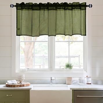 DWCN Sheer Valance, Semi Vole Short Curtains for Cafe, Living Room, Rod Pocket Linen Look Drapes, 1 Panel, Olive Green, 60W x 18L Inch