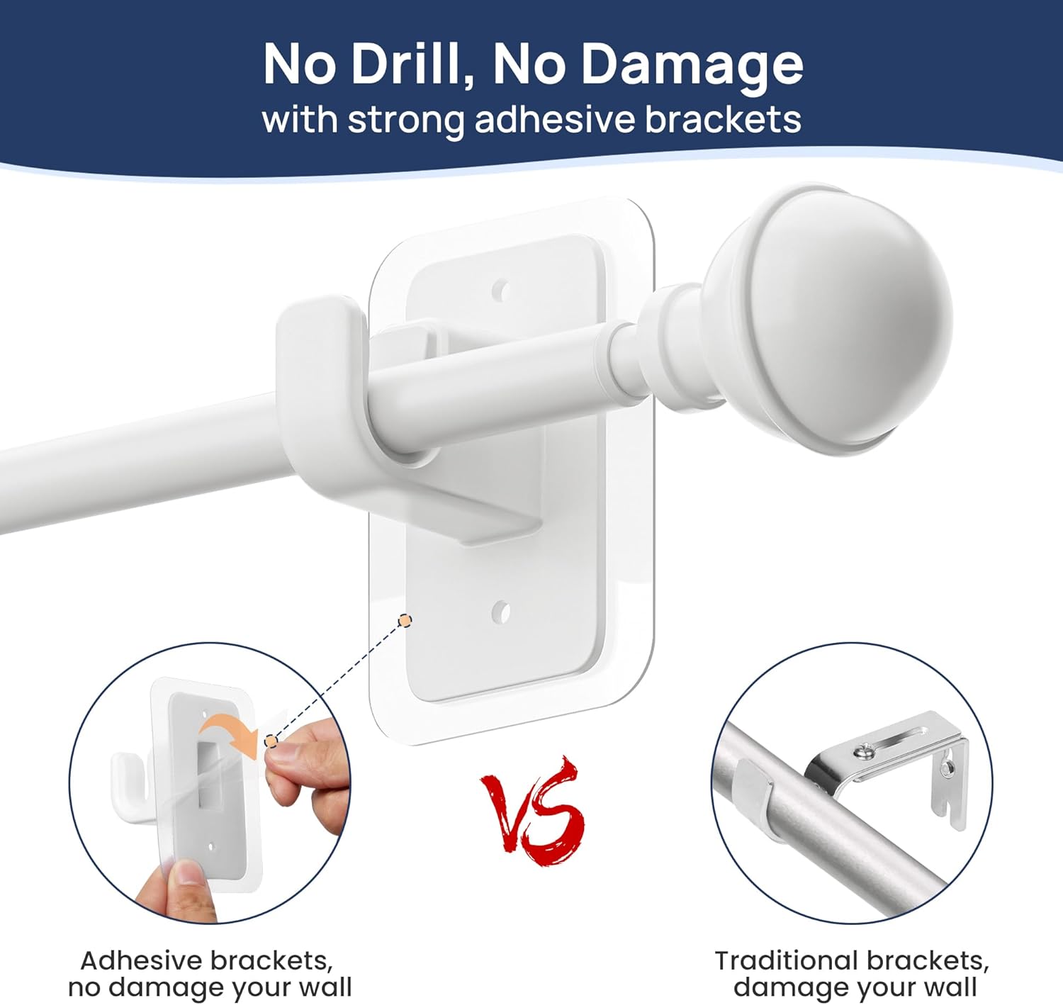 enjoybasics no drill curtain rods for window 28 to 60 inches, 5/8 inch diameter renter friendly drapery rod with adhesive brackets without drilling, adjustable from 27 to 65 inches, white white 27-65"
