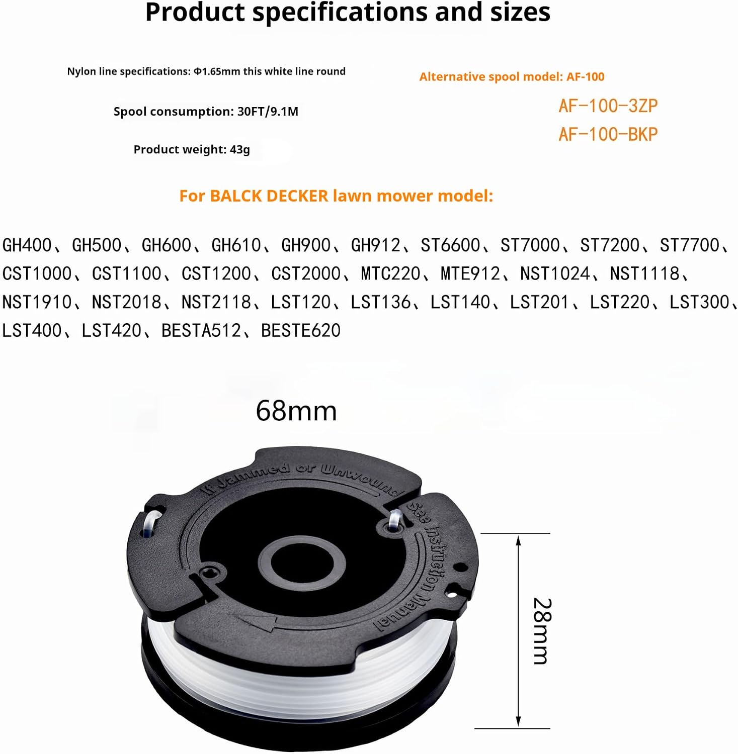 Black & Decker AF-100 Weed Eater Spool, 0.065" Auto Feed String Trimmer Replacement Parts, Pre-Wound Weed Eater String Refill for Lawn Care