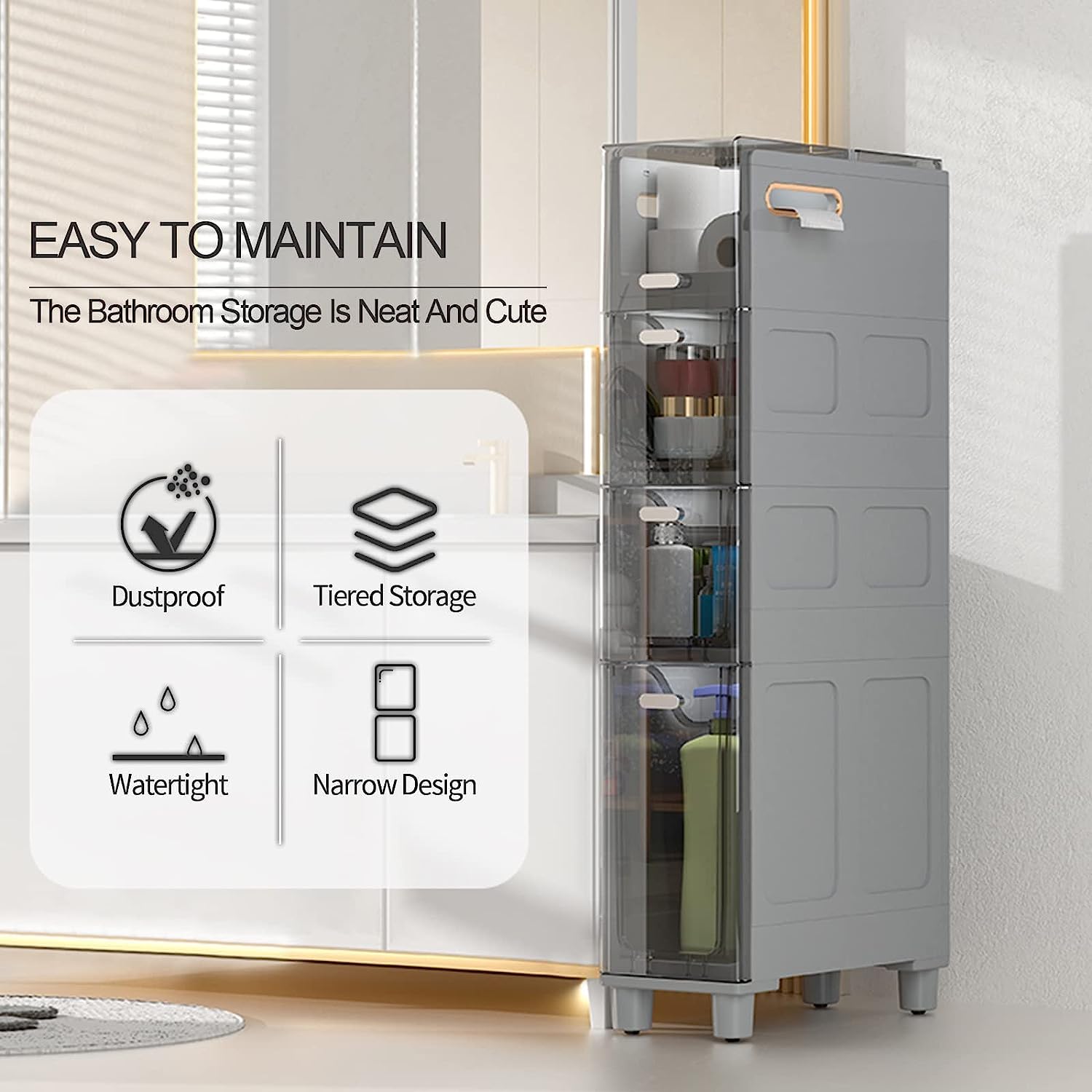 Gabinete de Almacenamiento de Piso de baño de 2/3/4 Niveles, gabinete de Inodoro Lateral de Gran Capacidad con cajones, Unidad de Organizador de Papel higiénico Estrecho para el hogar, baño