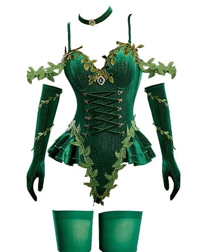 Mobbunny Women Vine Elf Cosplay Costume Fairy Off-Shoulder Bodysuit Set | Including Gloves Choker and Socks, Winter Halloween Christmas Outfit - Small