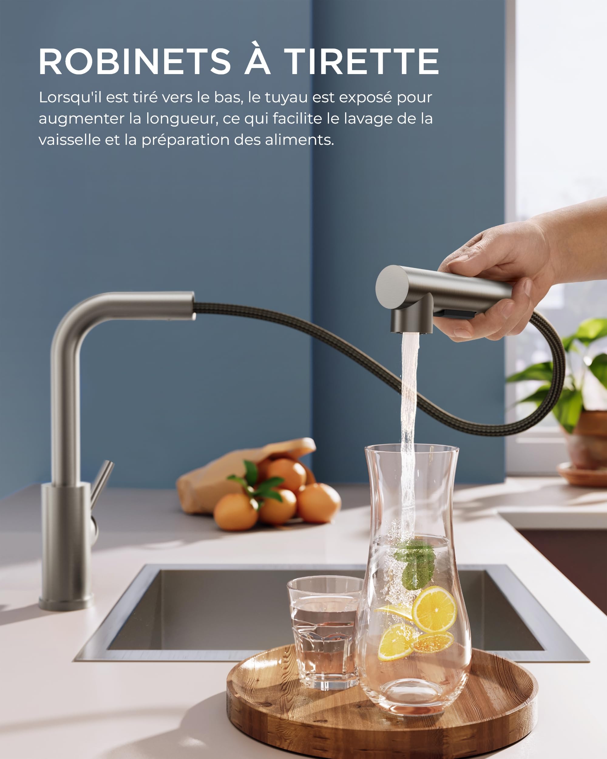 FORIOUS Robinet Cuisine Mitigeur avec Douchette Extractible 2 Modes Pivotant 360° Acier Inoxydable