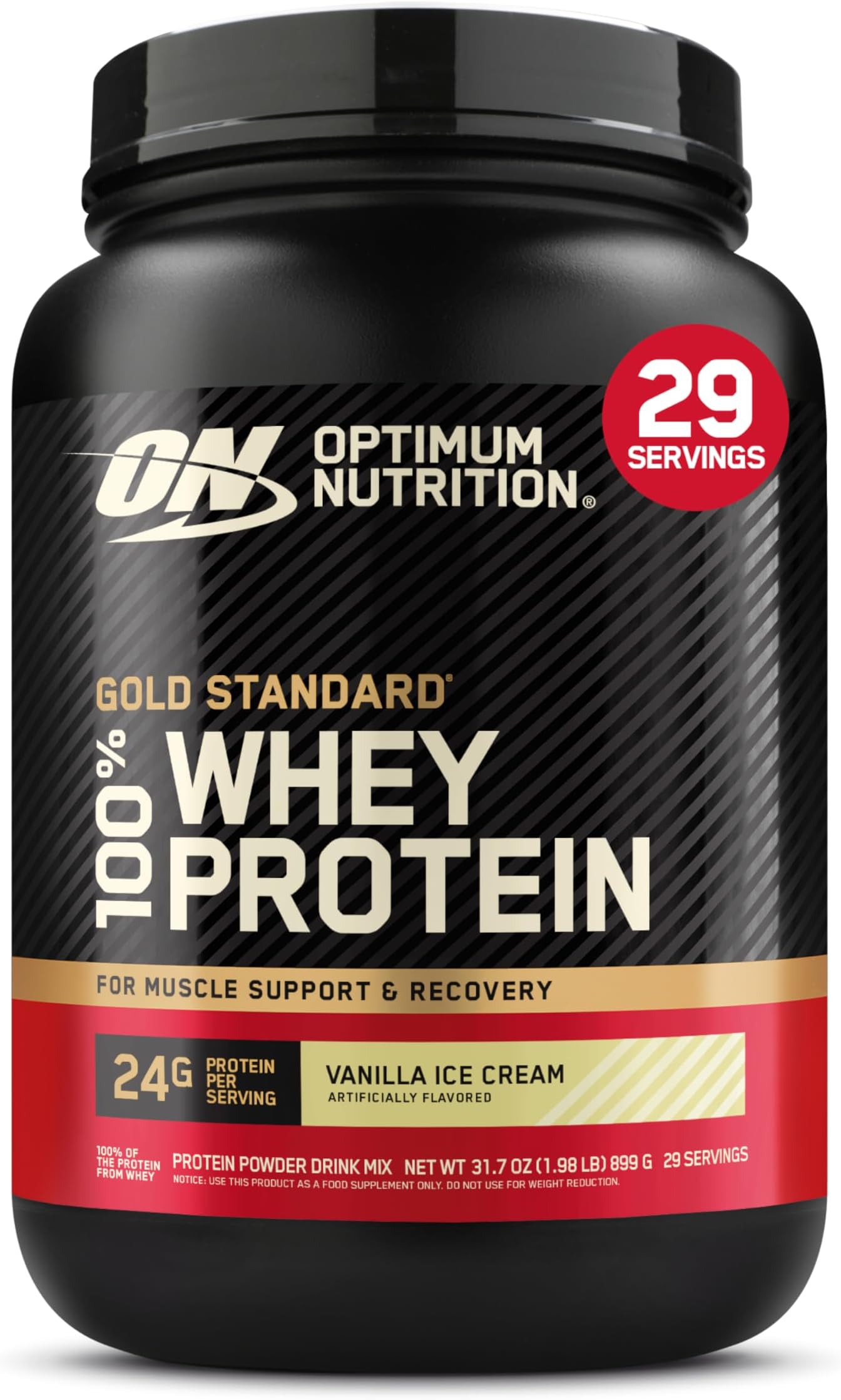 Optimum Nutrition (ON) Gold Standard 100% Whey Protein Powder Primary Source Isolate, 24 Grams of Protein for Muscle Support and Recovery - Vanilla Ice Cream, 2 Lbs, 29 Servings (899 Grams)