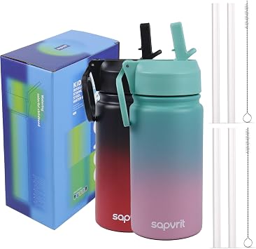 Water Bottle, 12 oz Water Bottles with Straw and Stickers, Stainless Steel Vacuum Double Wall Insulated cup,Water Bottle for School, Gifts for Girls 12OZ GREEN PINK +12OZ BLACK RED