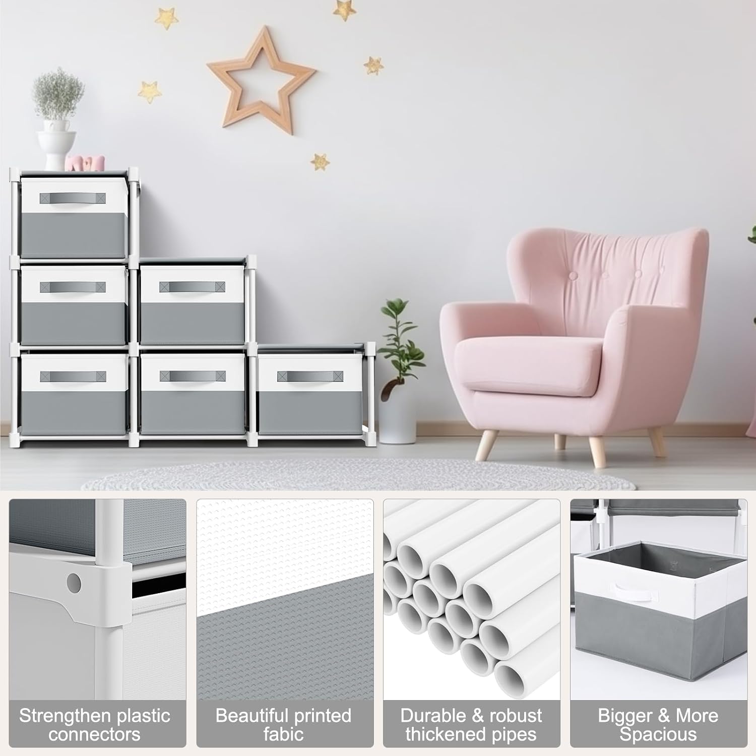 Thyle Large Cube Storage Organizer Shelf with 6 Bins 14 Inch Fabric Collapsible Cubby Storage Drawers Shelving Unit for Christmas Ornaments Clothes Toys Craft(Gray-white,Minimalist)