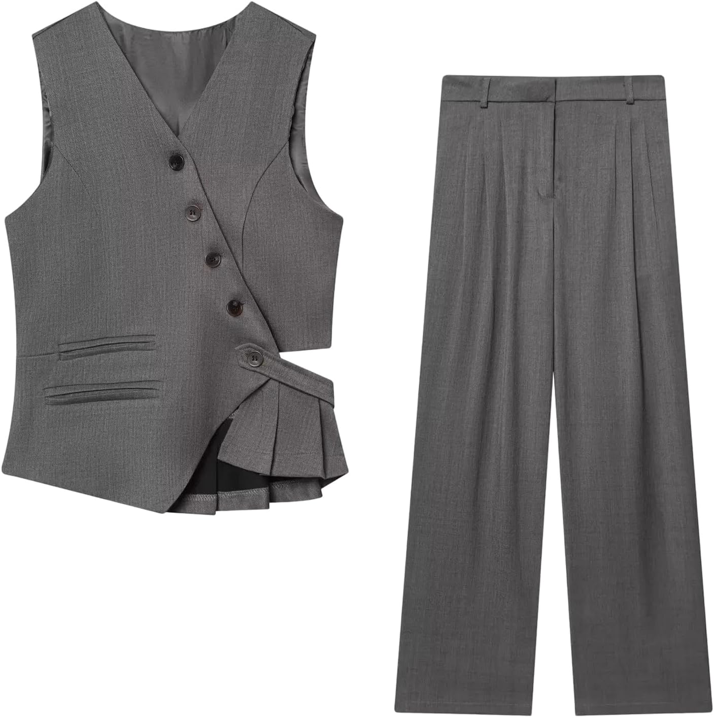 Womens Two Piece Vest Suit Wide Leg Pants and Waistcoat Workwear Outfit for Office