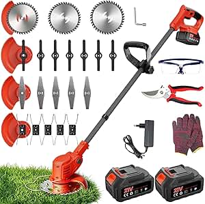 Desbrozadora a Bateria, Cortabordes Electrico 4 en 1, 850W 2 Baterías 4000 mAh, 4 Tipos de Cuchillas con Cabezal Giratorio de 90° para Recortar Fácilmente Rápido Césped y Arbustos