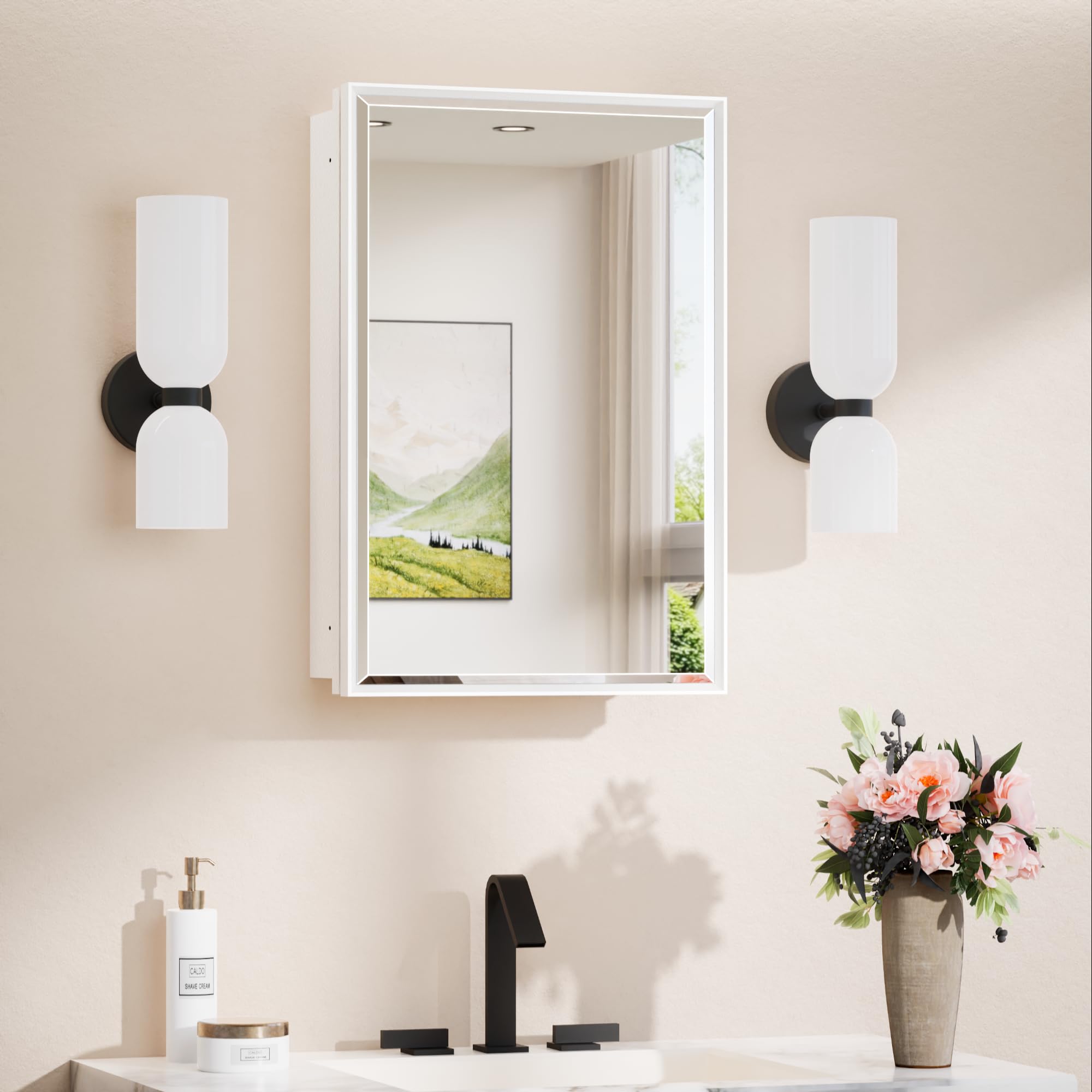 TokeShimi 16 x 24 Recessed Medicine Cabinet with Mirror Surface Mounted, Aluminum White Medicine Cabinet with Mirror, Metal Beveled Bathroom Mirror