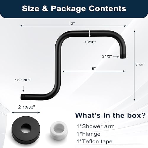 Vista 105 de BRIGHT SHOWERS Brazo de extensión de cabezal de ducha de 13 pulgadas con brida en forma de S, extensor de altura alta, brazo largo de acero Cromo