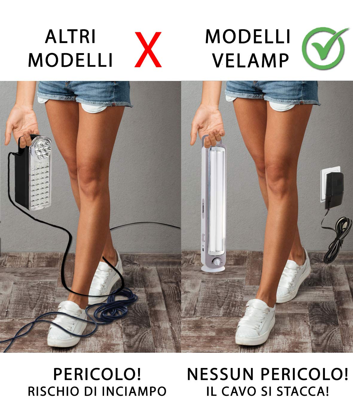 Velamp BIG TWIX - Lampada di Emergenza Portatile Ricaricabile, LED, Super Luminosa (500 lumen) - Dimmerabile - Con Caricabatteria Esterno, Sicura, Leggera e Compatta