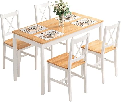 soges Pine Wood 5 Pieces Dining Table Set, Kitchen Table Set for 4, Dining Set with 4 Chairs, Nesting Furniture Set for Dining Room, Kitchen, Restaurant, White&Teak