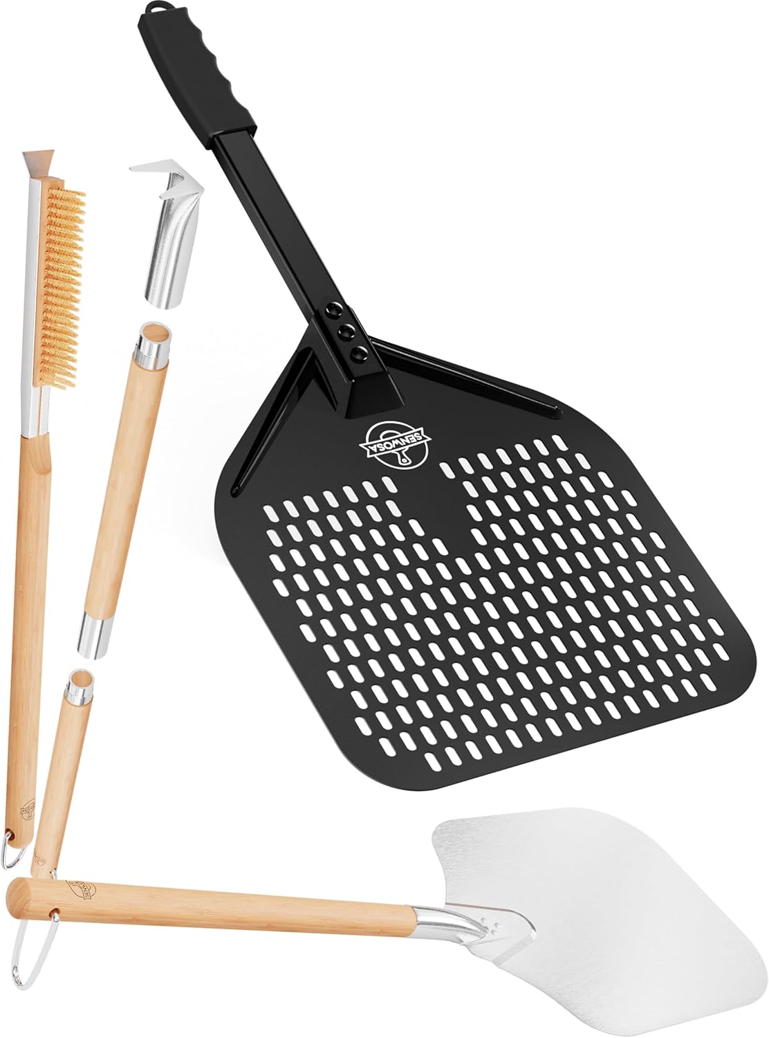 Nonstick Pizza Peel, Oven Brush, Turning Fork and Pizza Spatula Bundle: Perfect Pizza-Making for Home Chefs, Easy Handling & Cleaning