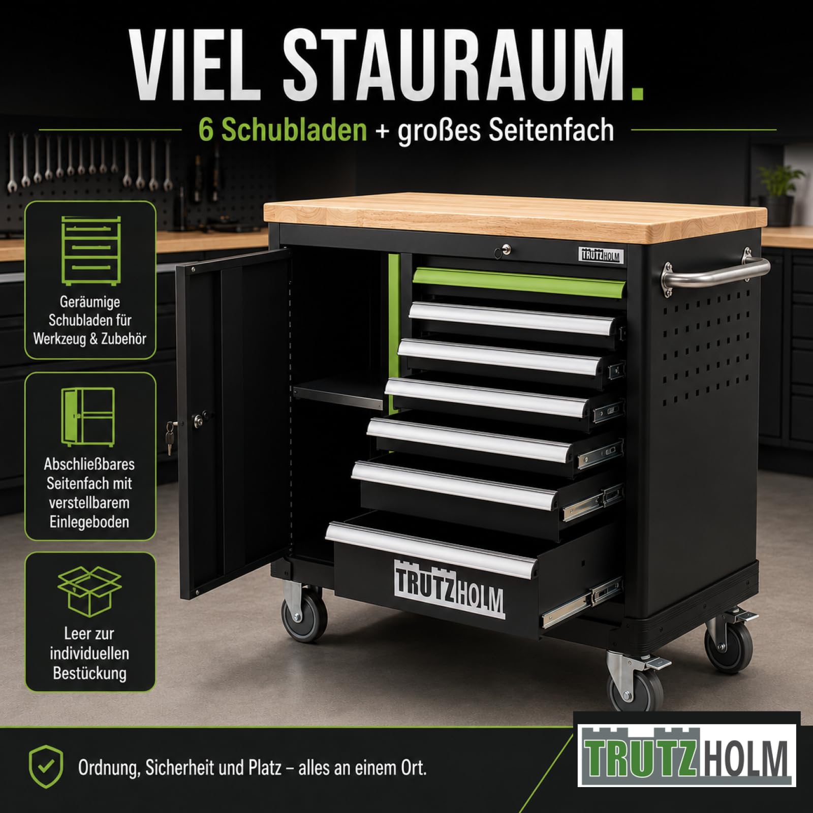 TRUTZHOLM Werkzeugwagen leer Deluxe, Werkstattwagen mit 6 Schubladen & Türfach, abschließbarer Werkzeugschrank rollbar mit Massivholz-Arbeitsplatte, fahrbare Werkbank 108 x 46,5 x 77 cm, grün/schwarz