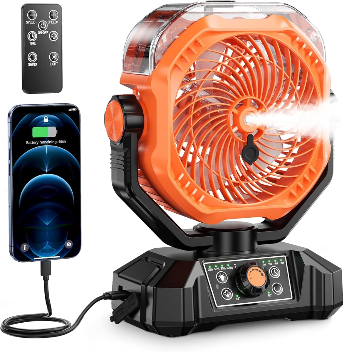 coldSky Portable Misting Fan, 10000mAh Rechargeable Camping Fan with Mist, 360mL Water Tank, 9-19H Runtime, Dual Mist Modes, LED Lights, 8 Speeds for Camgping/Travel/Beach/Golf/Tent/Office (Orange)