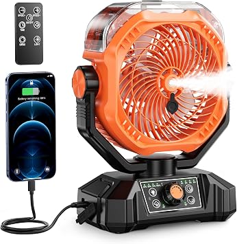coldSky Portable Misting Fan, 10000mAh Rechargeable Camping Fan with Mist, 360mL Water Tank, 9-19H Runtime, Dual Mist Modes, LED Lights, 8 Speeds for Camgping/Travel/Beach/Golf/Tent/Office Orange
