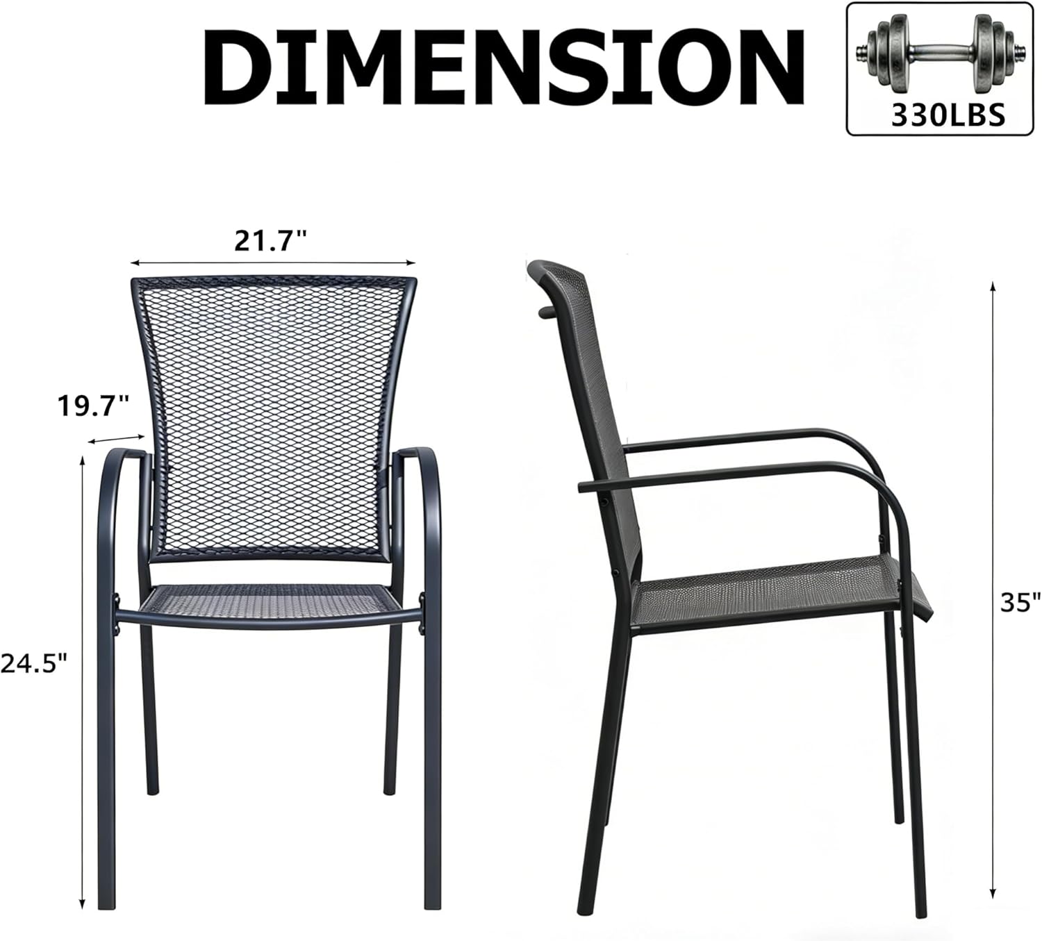Stackable Black Patio Dining Chairs Set of 2 - Outdoor Meask Metal Bistro Chairs with Armrests, All Weather Patio Furniture for Garden, Backyard, Porch
