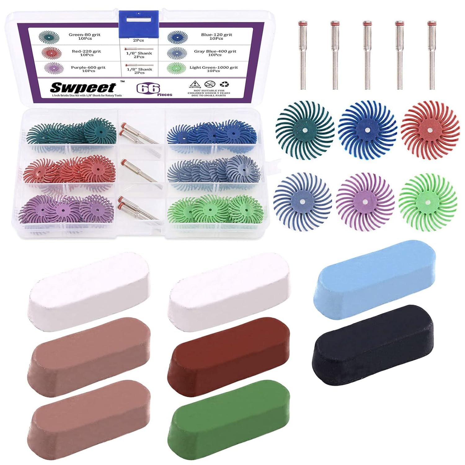 Swpeet 66Pcs 1 Inch Radial Bristle Disc and 8Pcs Polishing Compound Kit