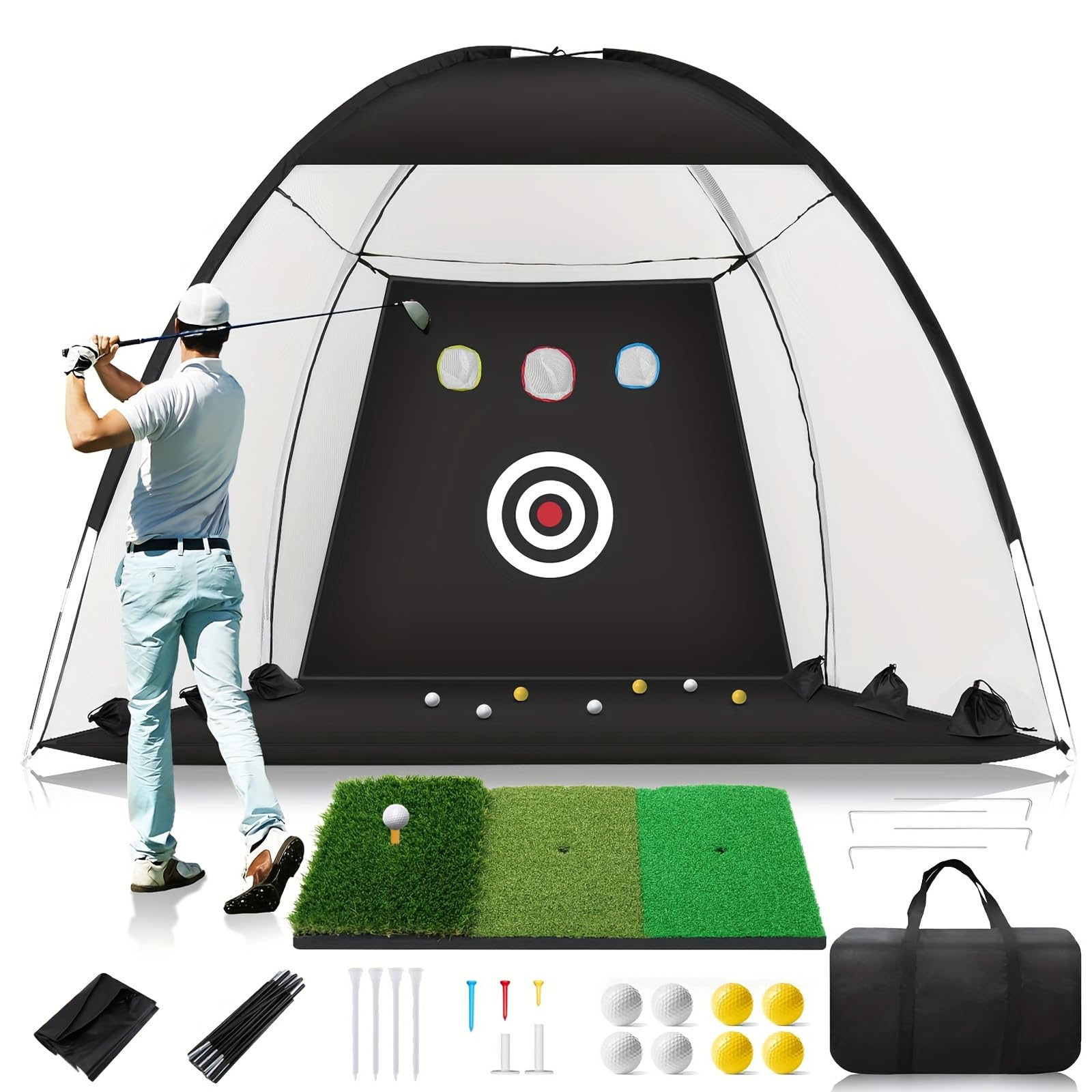 Red de entrenamiento de golf con colchoneta, red de ejercicios para interior y exterior para jardín y sala, incluye bolsa de transporte portátil, mejora del entrenamiento todo en 1 red de
