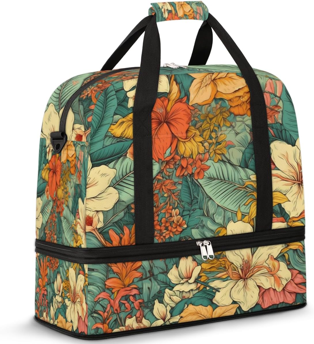 QsirBC Summer Flower Gym Bag for Women Duffle Tote with Shoes Compartment Men Weekender Duffel for Dance Travel Sports Swimming Overnight
