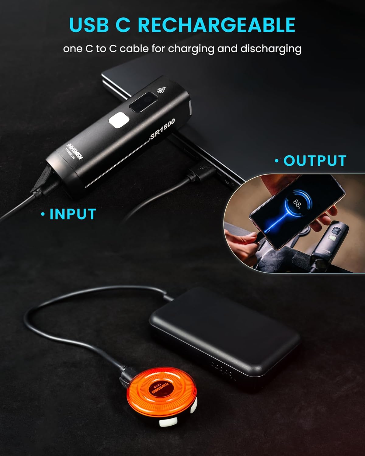 RAVEMEN Bike Lights Set for Night Riding, 5+6 Modes Bike Light Front and Back, Rechargeable Bright Bike Headlight and Tail Light Set for Mountain Road Cycling Safety, IPX7 Waterproof