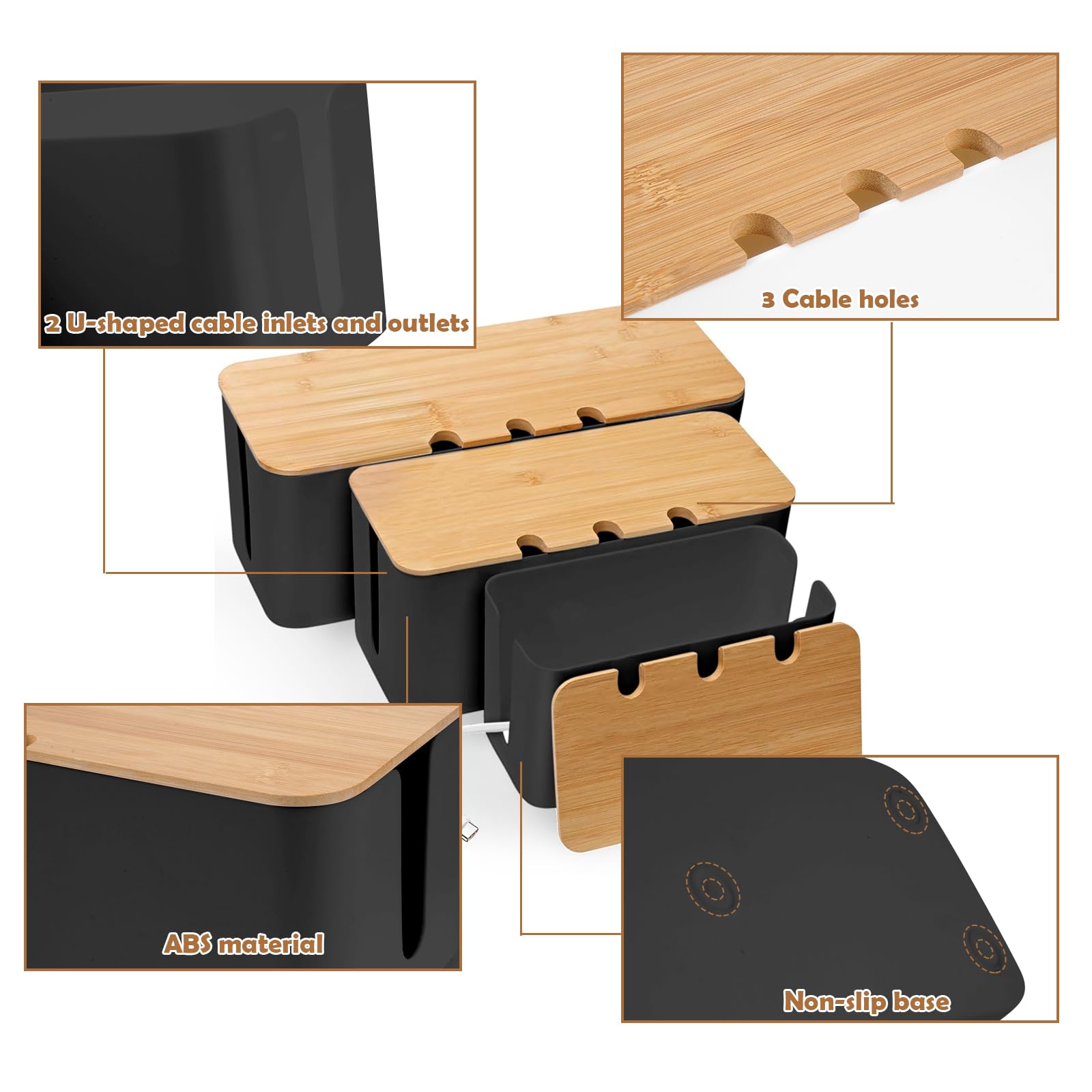 3 Piezas Caja Organizadora Cables, Caja Organizadora de Cables con Tapa de Madera Perforada, para Ocultar Enchufes, Tres Tamaños, Grande, Mediano y Pequeño, Negro
