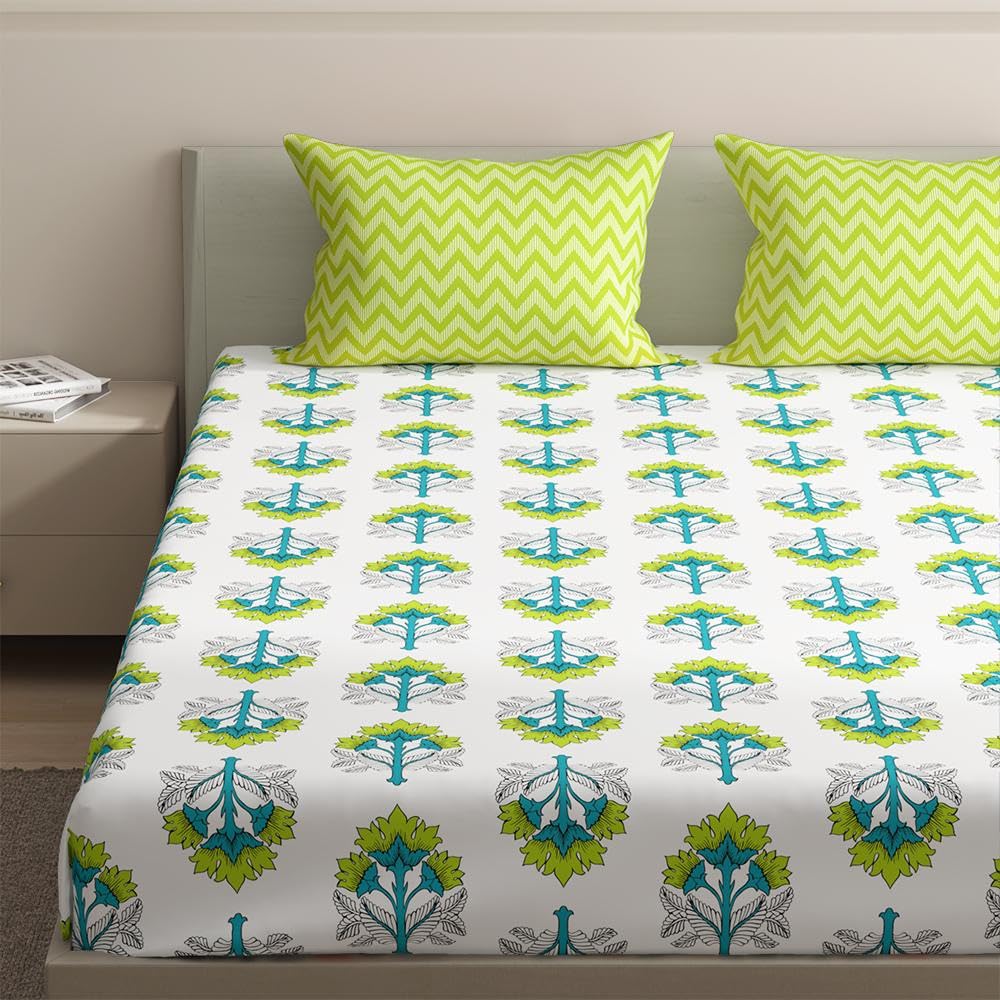 Wakefit Cotton Floral Fitted Bedsheet | 200 TC Elastic Fitted Sheet, Queen Bed Bedsheet with 2 Pillow Covers | Rechal - 75X60 Inches, Multicolor