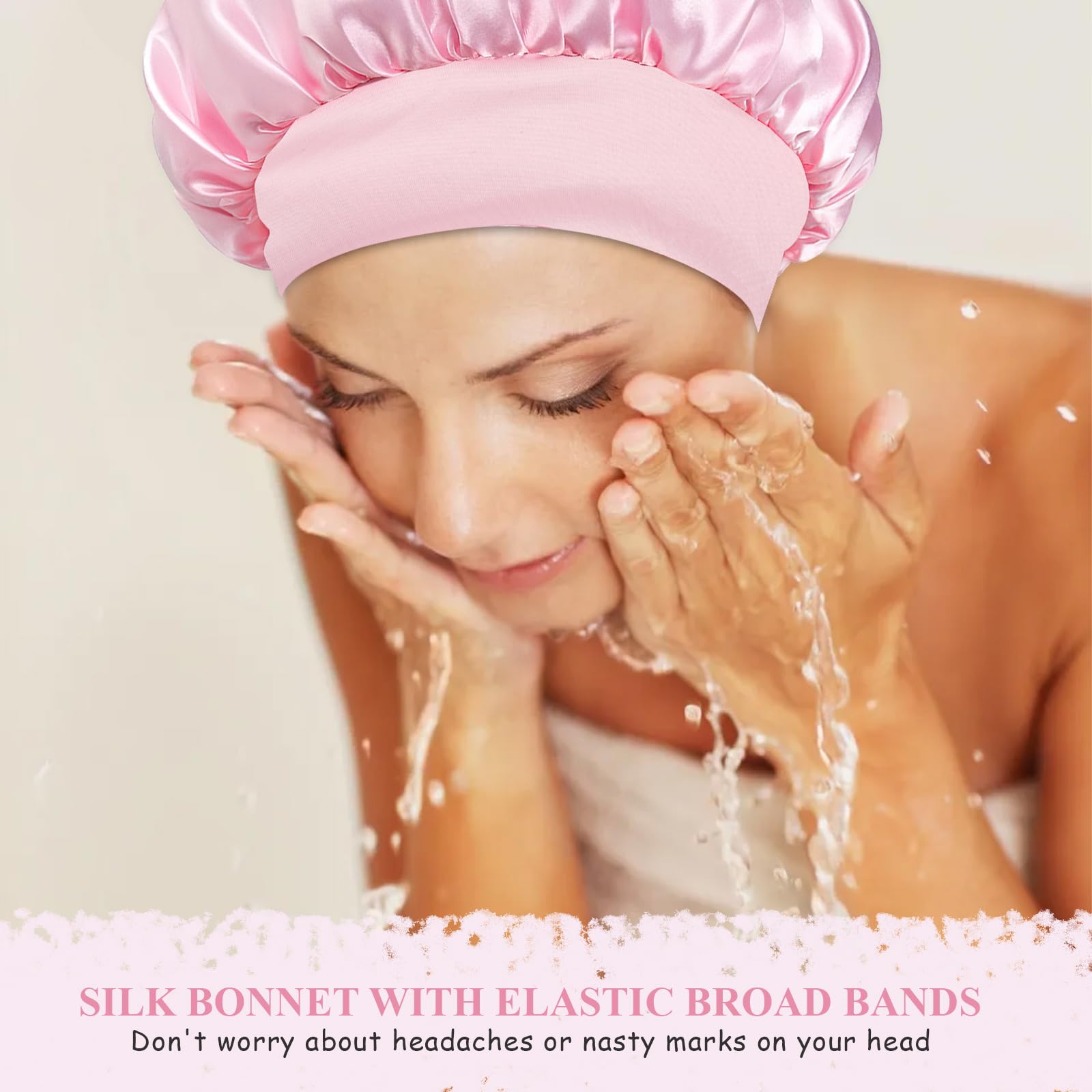 Gorro de Seda para Dormir con Banda Ancha Elástica, Gorro Saten para Dormir, protección para el Cabello,Adecuado para Mujeres, niñas, Negro + Rosa