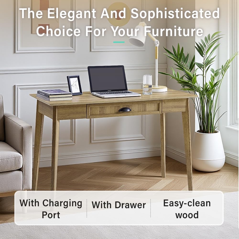 Newport Series Home Office Computer Writing Desk with Fully Extended Drawer | Laptop PC Workstation With USB Hub | Sturdy and Stylish | Easy Assembly| Golden Oak Wood Look Accent Living Room Furniture