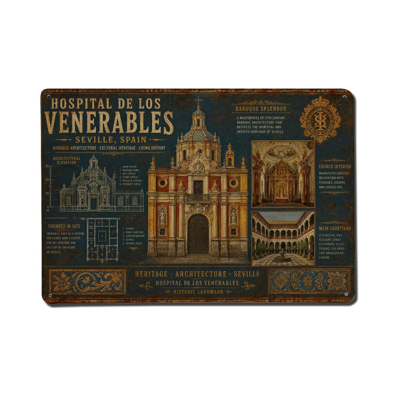 Vintage Travel Hospital Venerables Seville Baroque Church Metal Tin Sign
