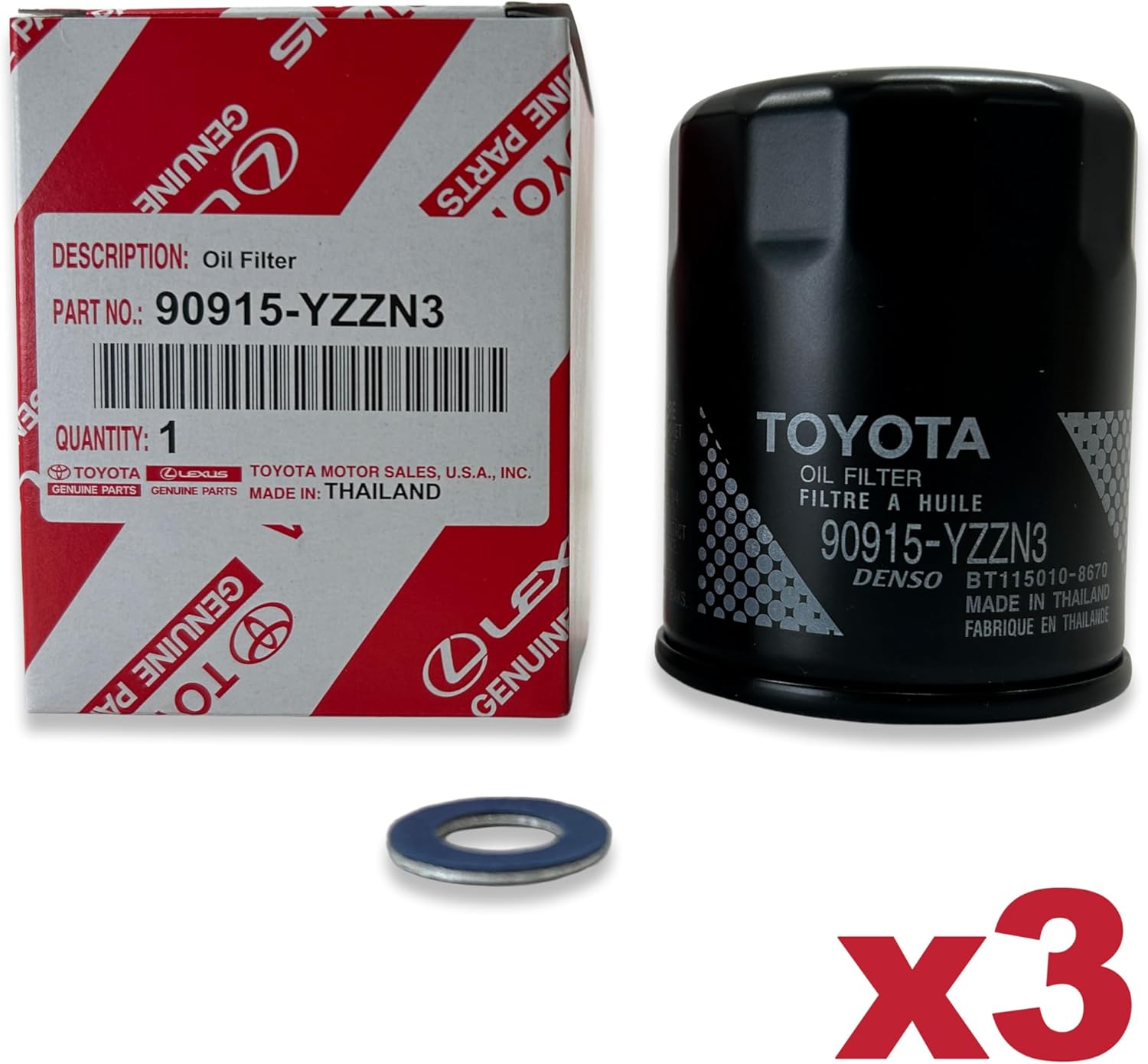 Genuine 90915-YZZN3 / 90915-10010 Oil Filter with APSG Drain Plug Crush Washer | OEM 3 PACK | Compatible with Toyota/Lexus 3.4L Tundra, Sequoia, LS500, LX600, GX550, LX700h