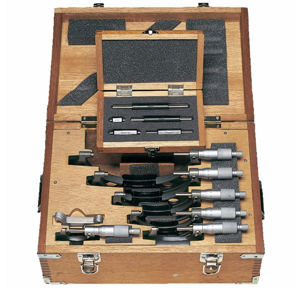 Produktbild von Mitutoyo Mikrometerset 0–150 Mm – 103-913-50 – Mit Ratschenanschlag, 5 Einstellnormale, Genauigkeit 2–3 µm