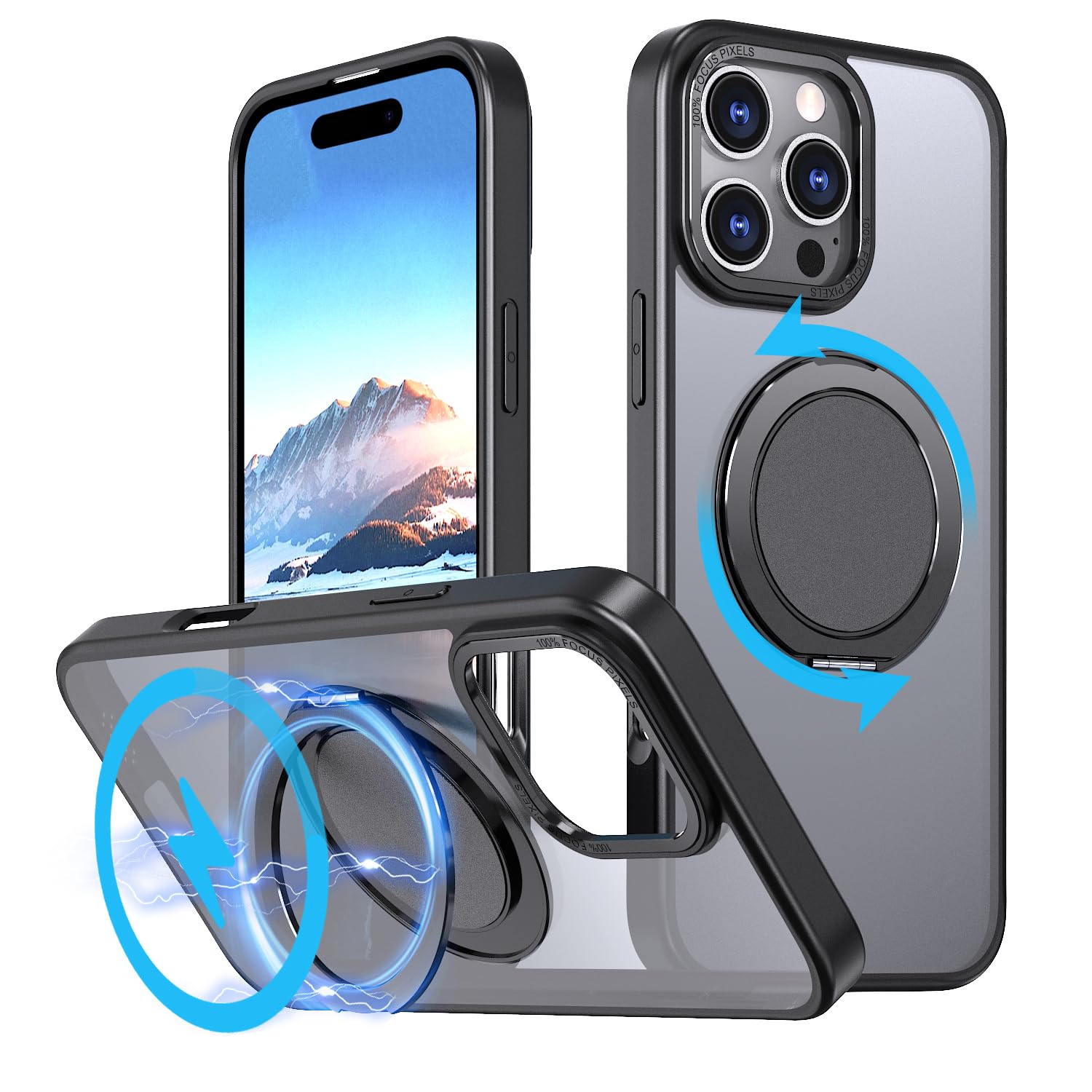 Coque iPhone 16 Pro ultra-mince givrée noire à béquille rotative - 7