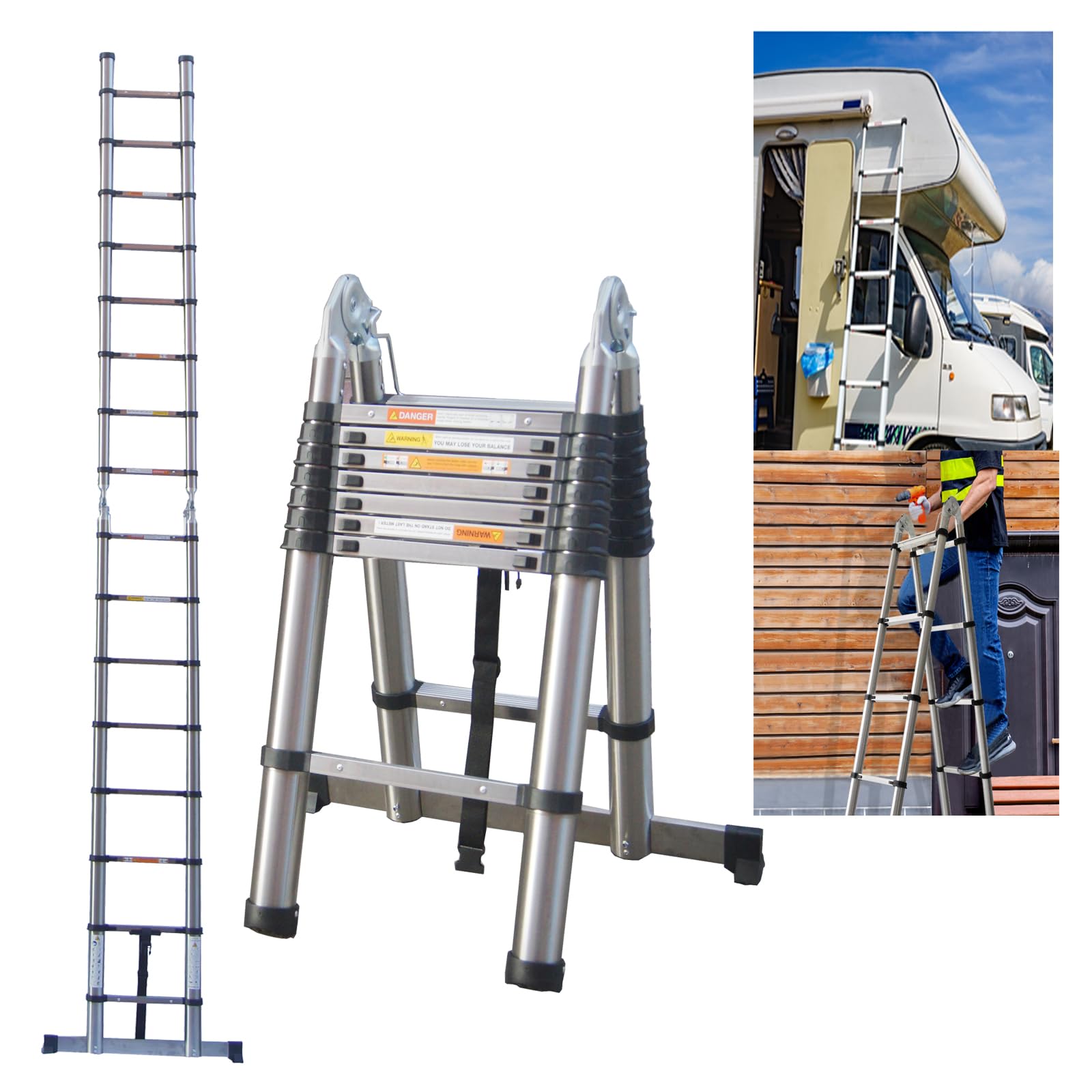 Telescopic Ladder 5M Multi-Purpose Extension Ladder 2.5M+2.5M A-Frame, 16 Steps Folding Collapsible Ladder Portable Anti-Slip Loft Ladder, Max Load 150kg